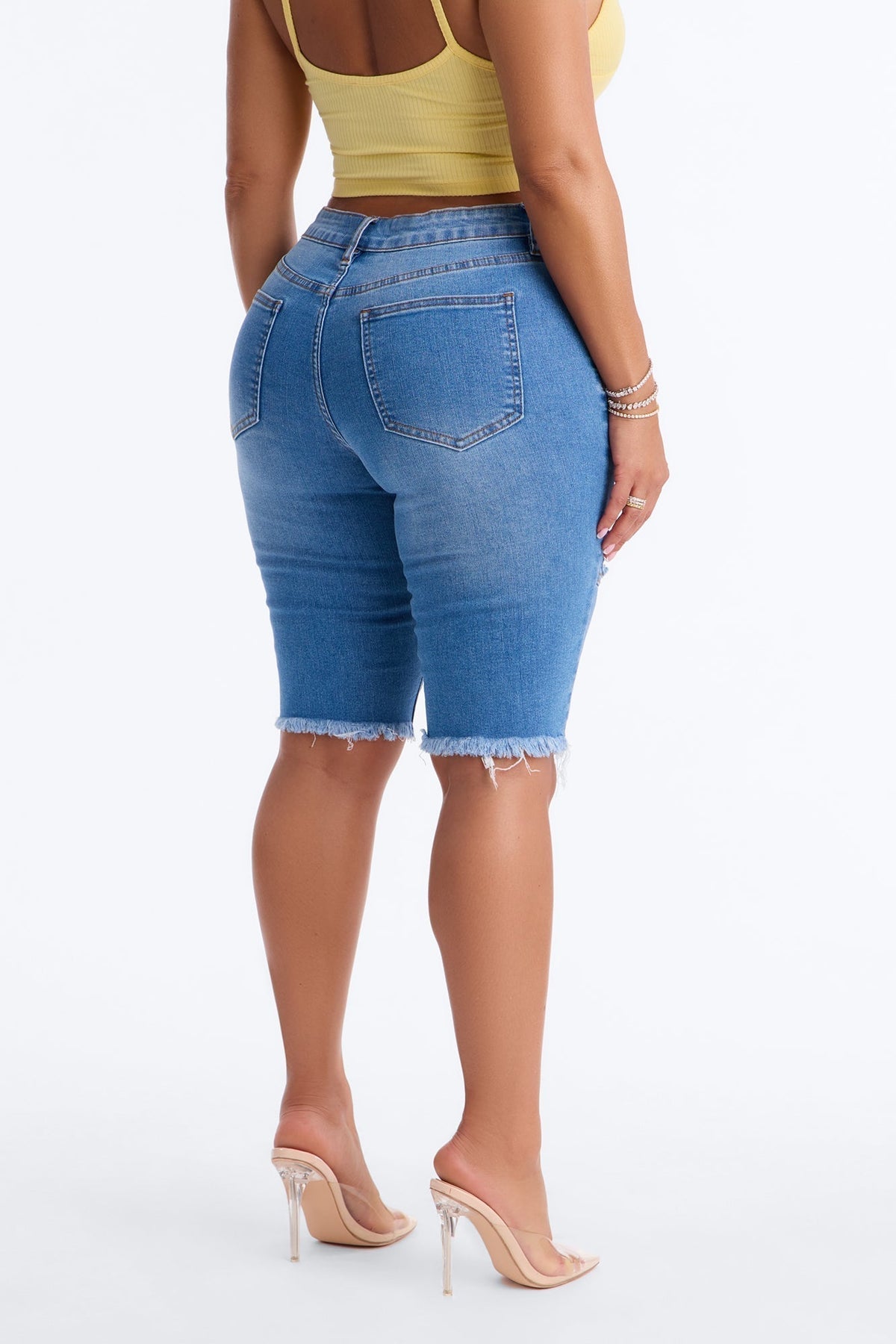 Like That Fray Hem Denim Bermuda Shorts - Medium Wash