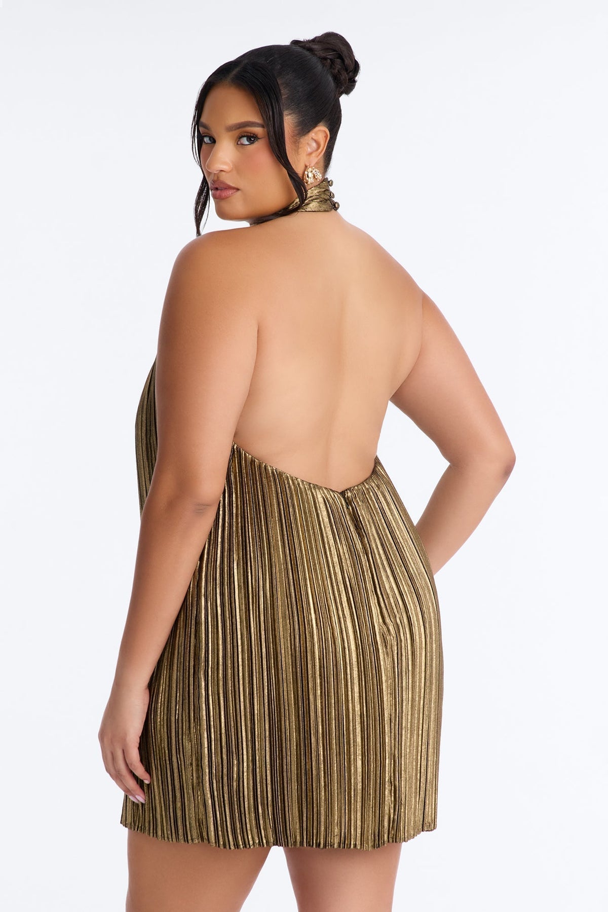 Pop Off Pleated Metallic Mini Dress - Bronze
