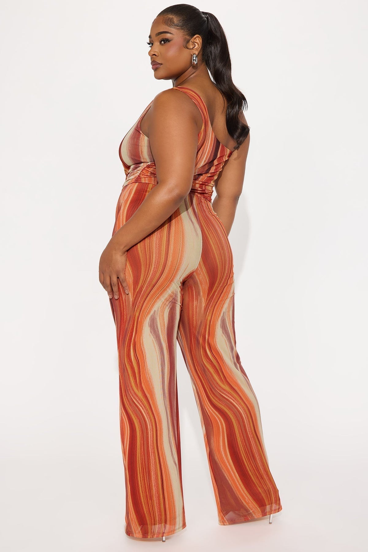 Lost Island One Shoulder Mesh Jumpsuit - Orange/combo