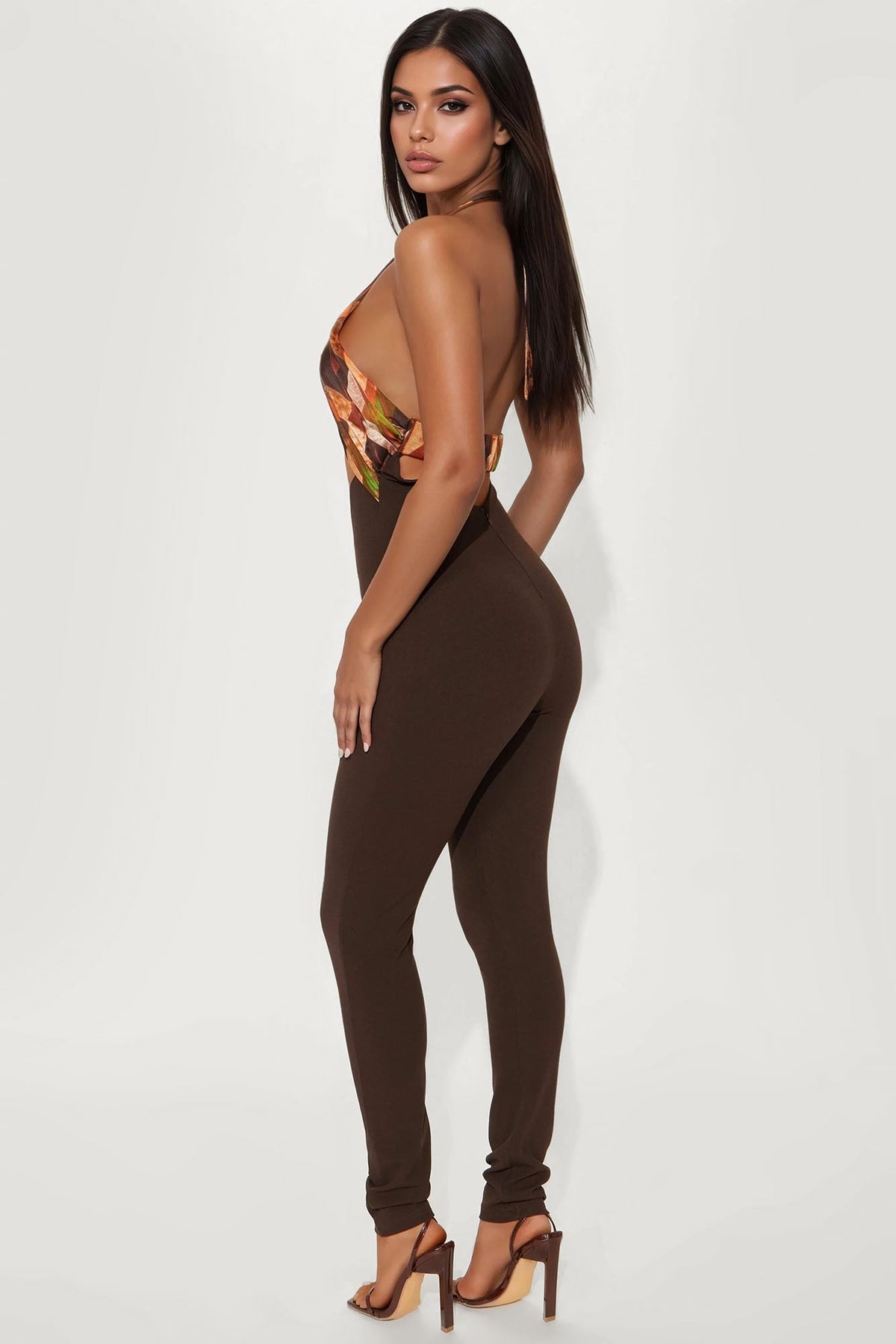Mina Halter Skinny Jumpsuit - Brown/combo