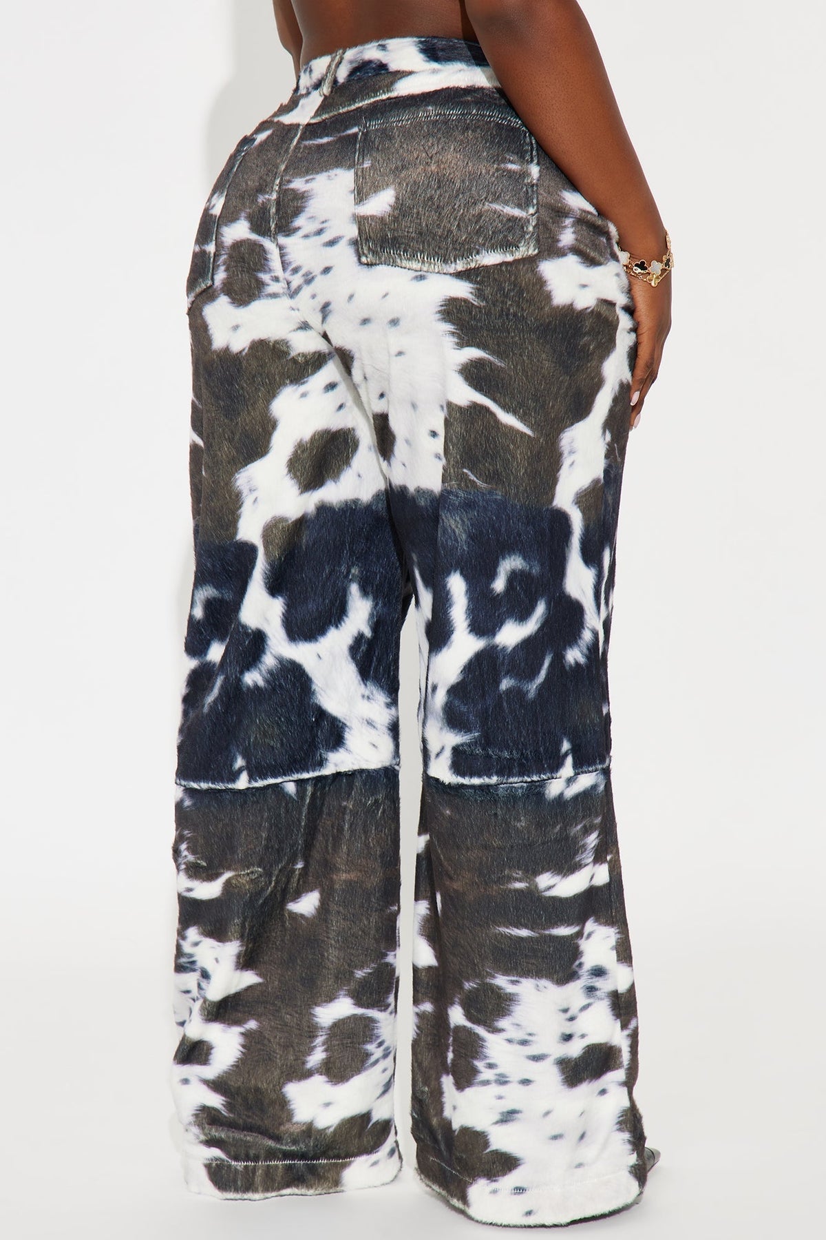 Early Dawn Faux Fur Cow Print Wide Leg Pant 33 - Black/White