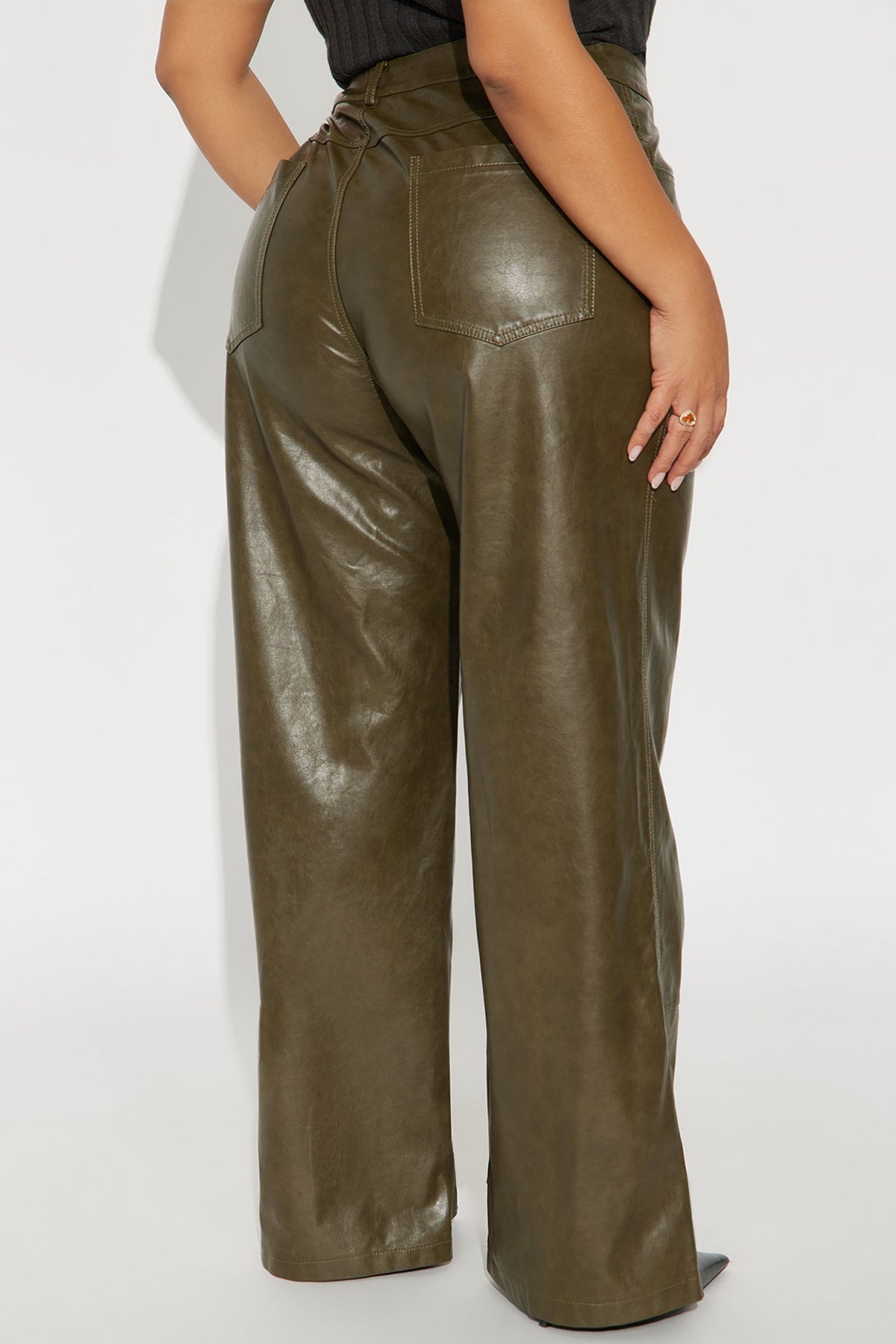 Sammie Faux Leather Wide Pant 32″ - Dark Olive