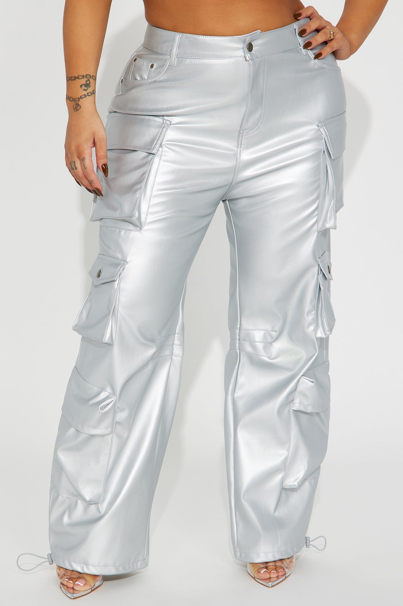 City Is Mine Faux Leather Cargo Pant - Silver