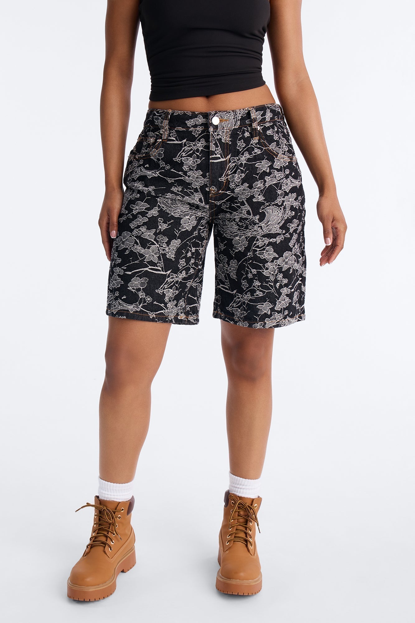 Tokyo Blossom Patterned Denim Shorts - Dark Denim