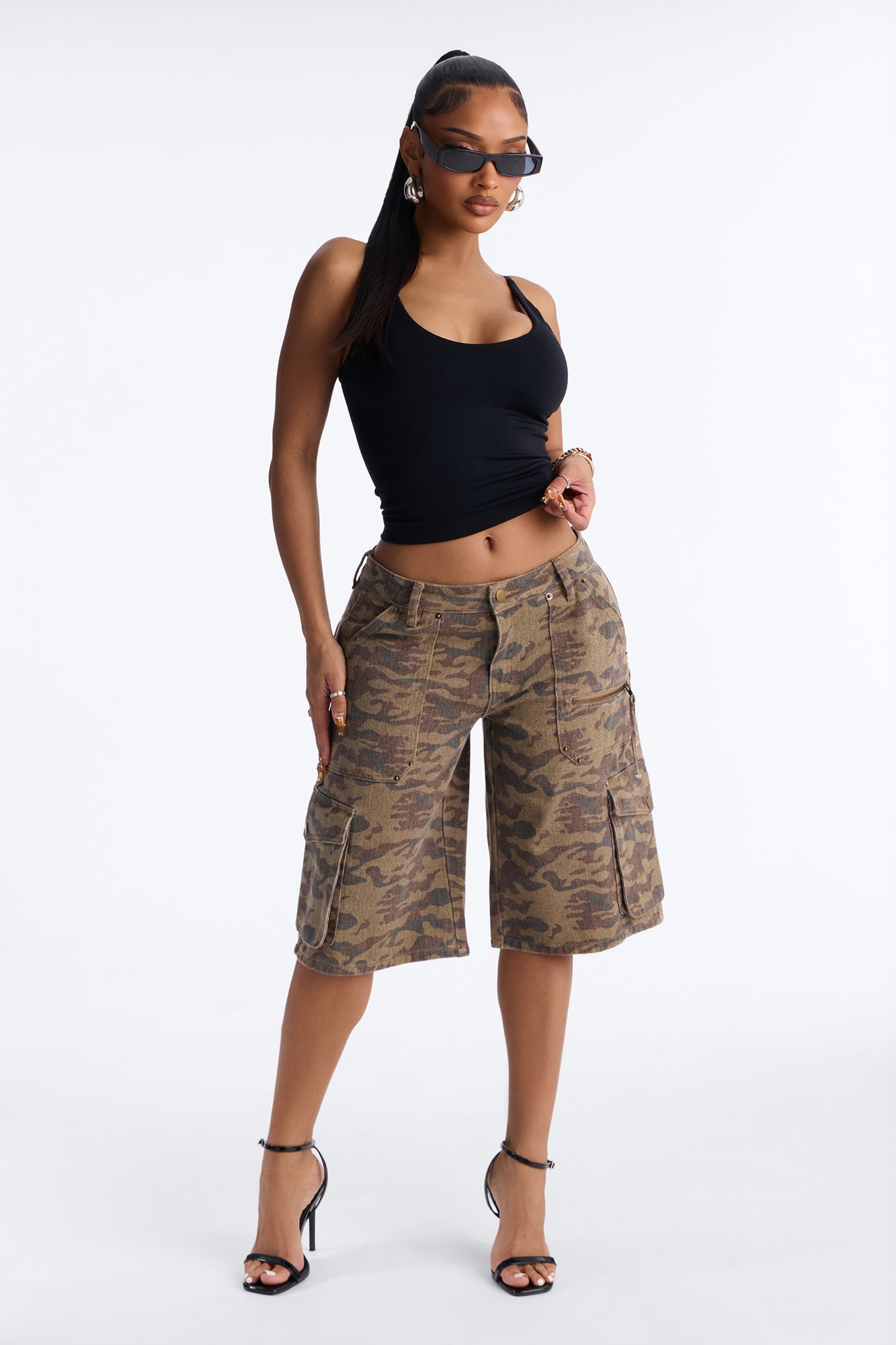 Declassified Camo Cargo Baggy Denim Jorts - Brown Combo
