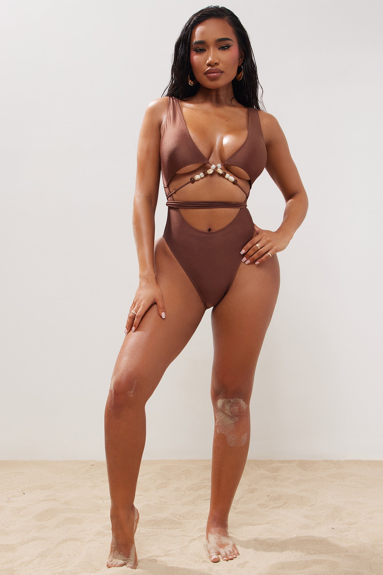 Pebble Beach Beaded 1 Piece Swimsuit - Chocolate