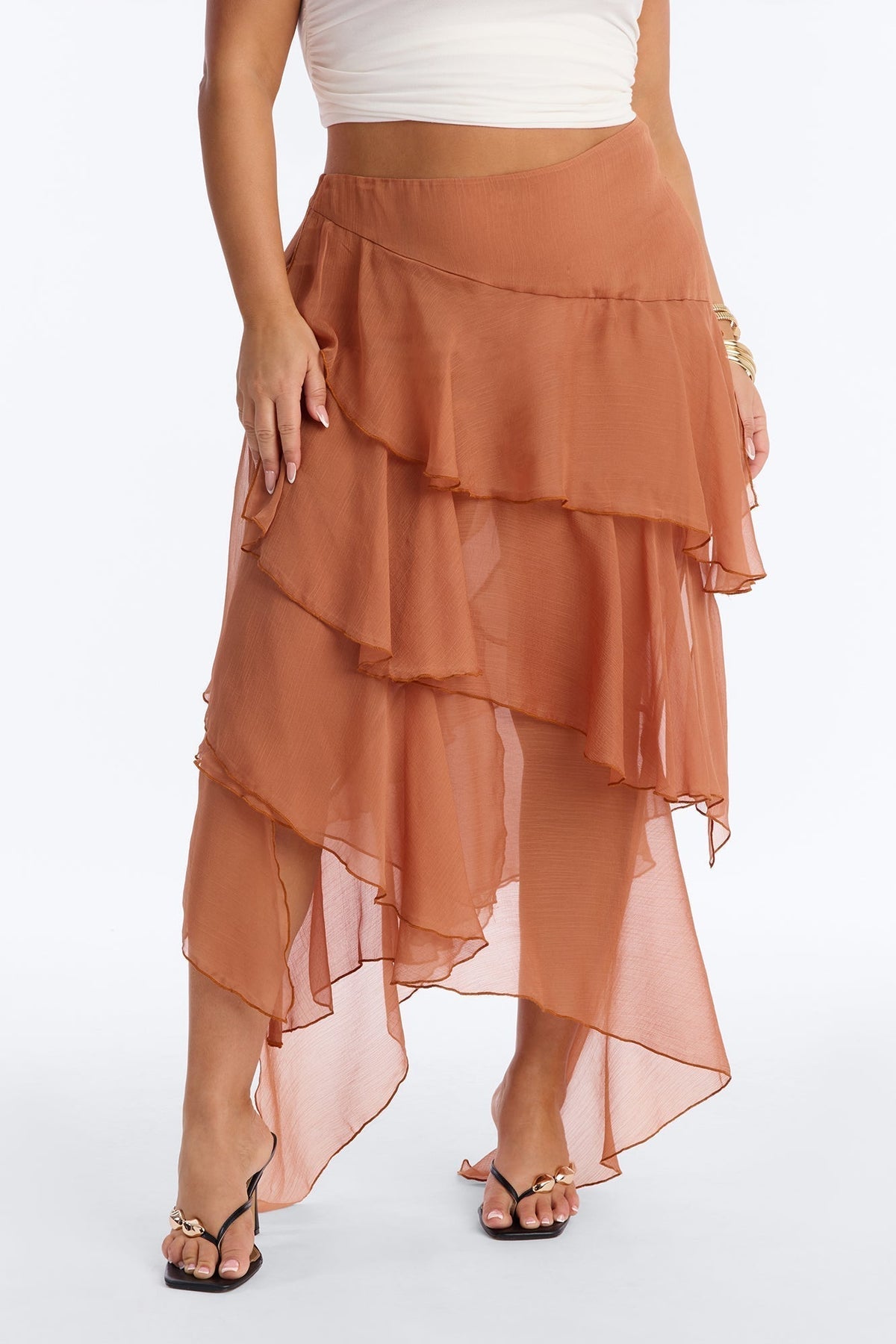 Eliza Asymmetrical Tiered Ruffle Midi Skirt - Cognac