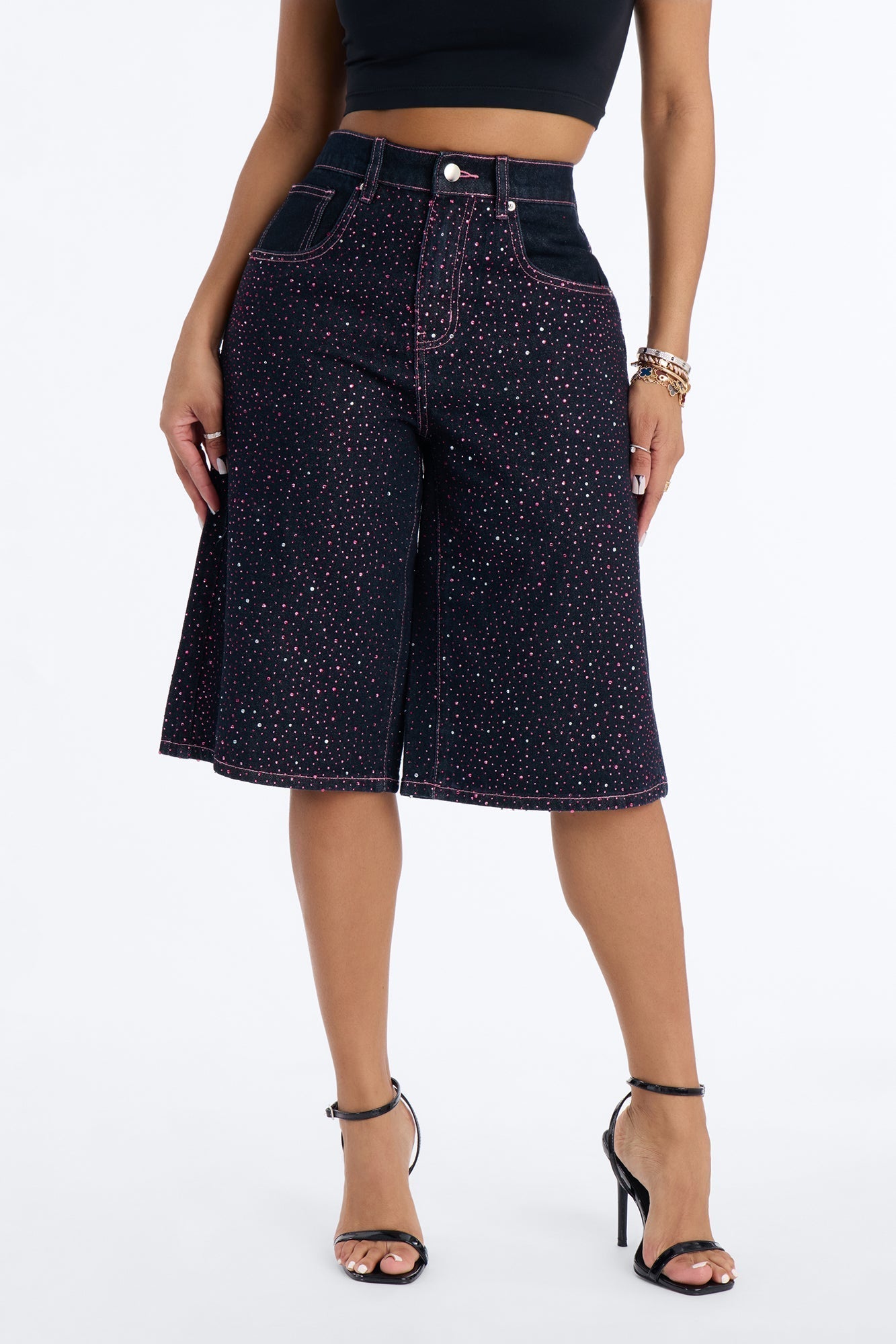 Premium Princess Rhinestone Denim Jorts - Dark Denim