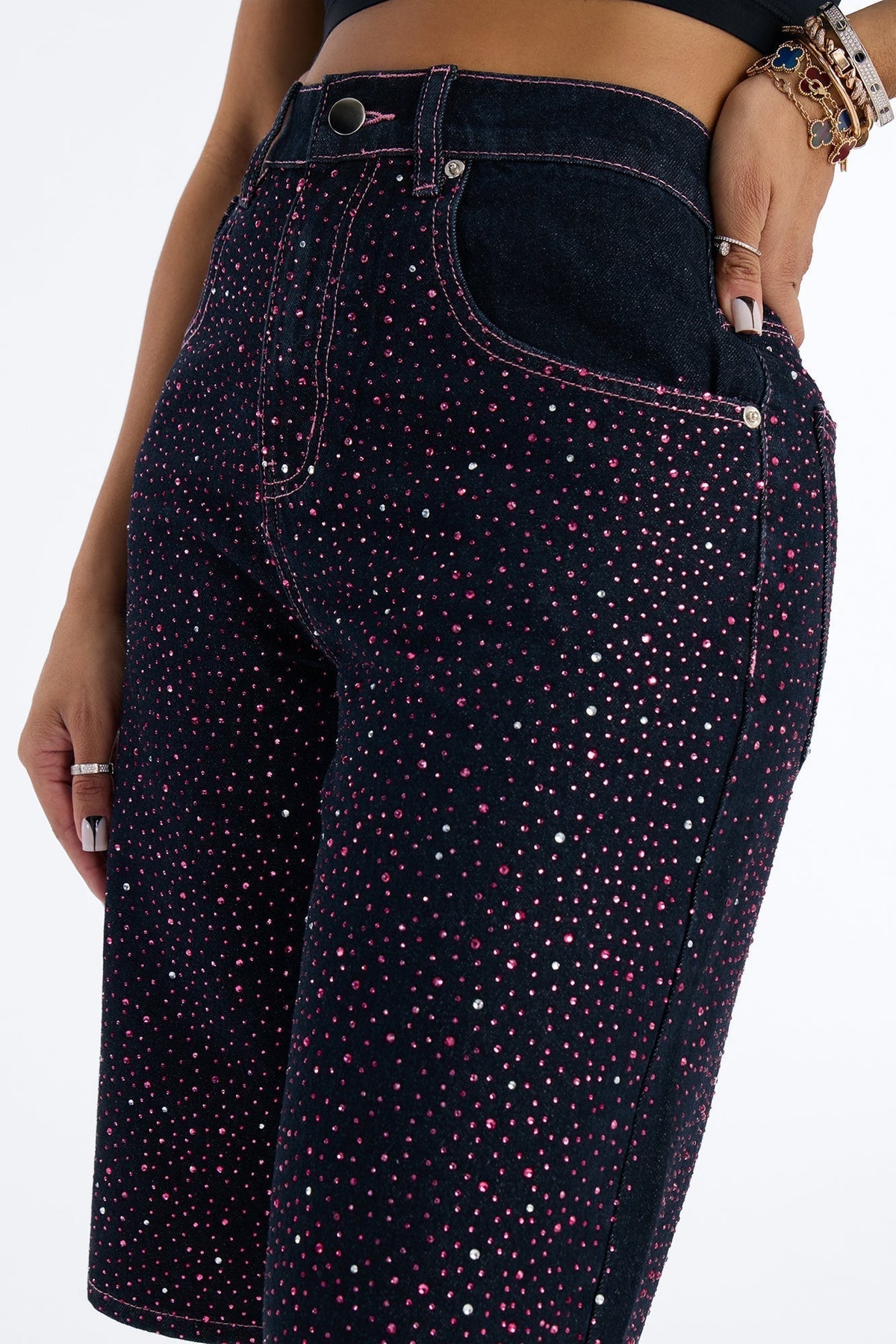 Premium Princess Rhinestone Denim Jorts - Dark Denim