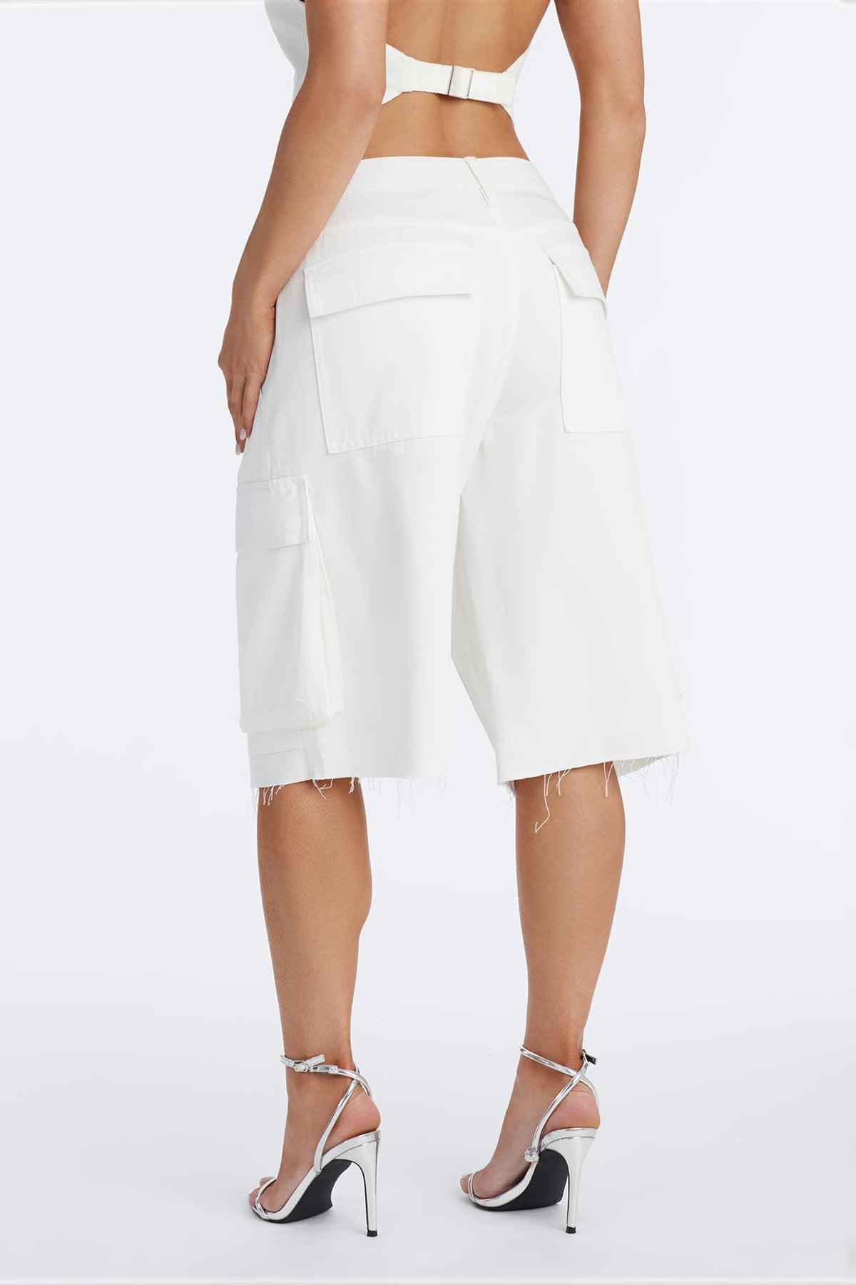 Lillia Frayed Hem Cargo Bermuda Short - White