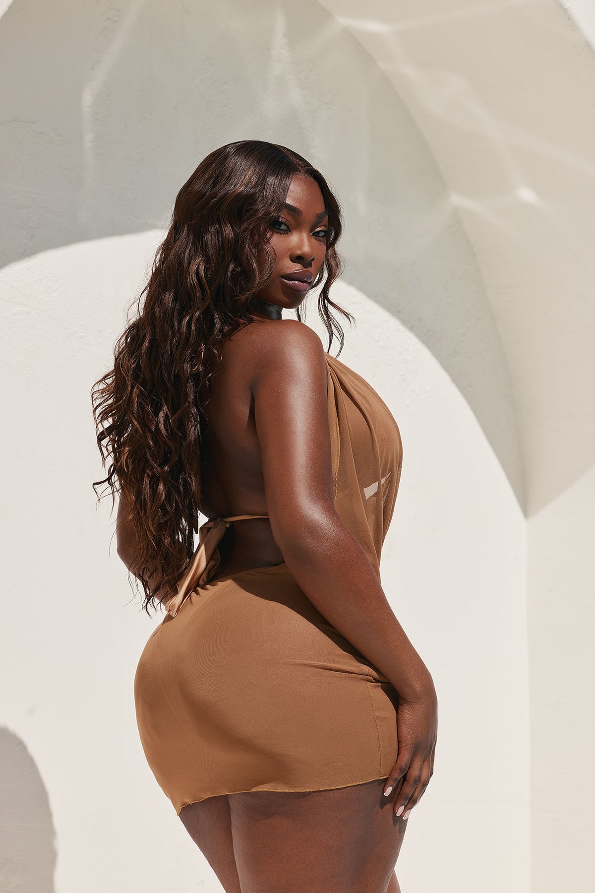 Alyssa Cowl Neck Backless Mesh Cover Up Mini Dress - Mocha