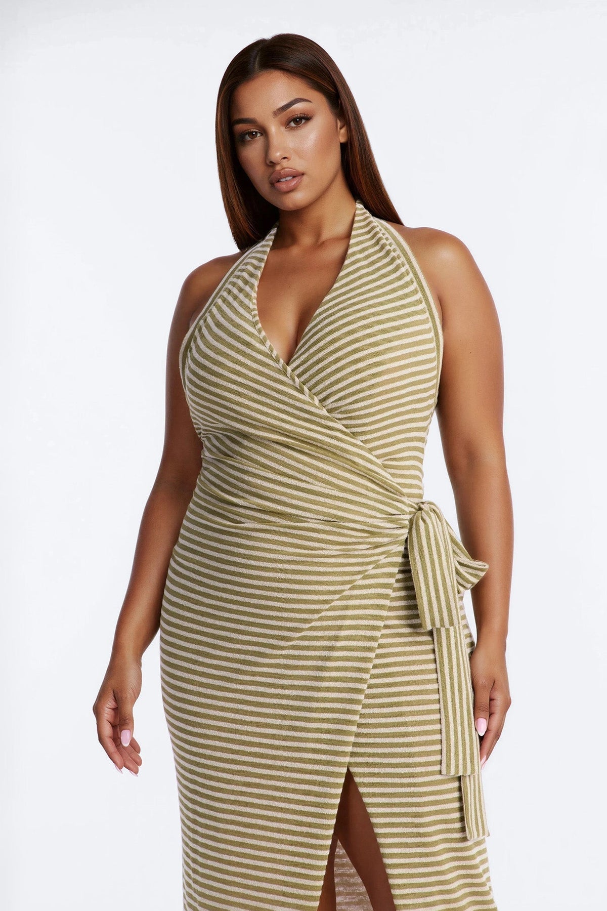 Pool Day Halter Wrap Maxi Dress - Olive/combo