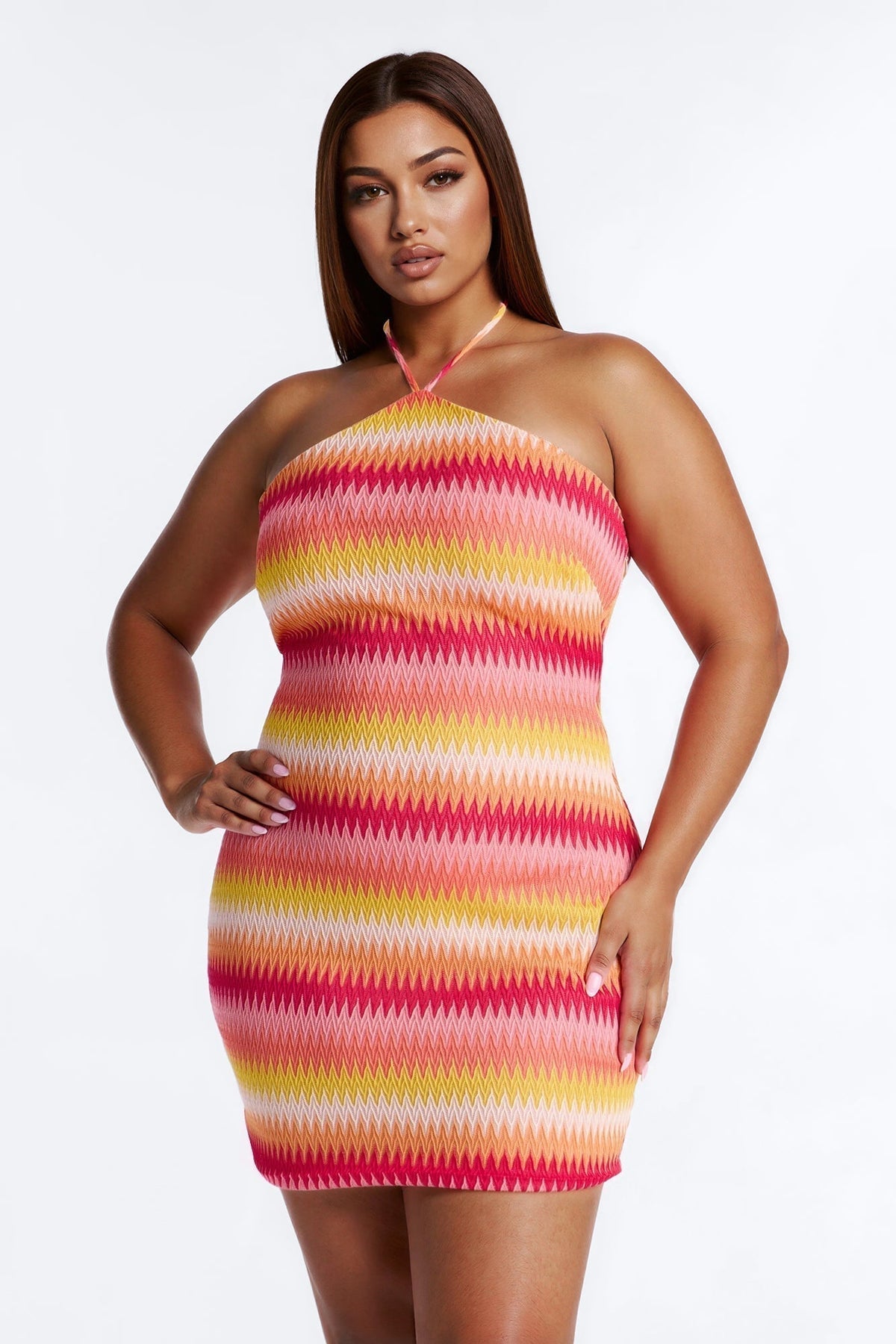 Off The Grid Chevron Crochet Mini Dress - Pink/combo