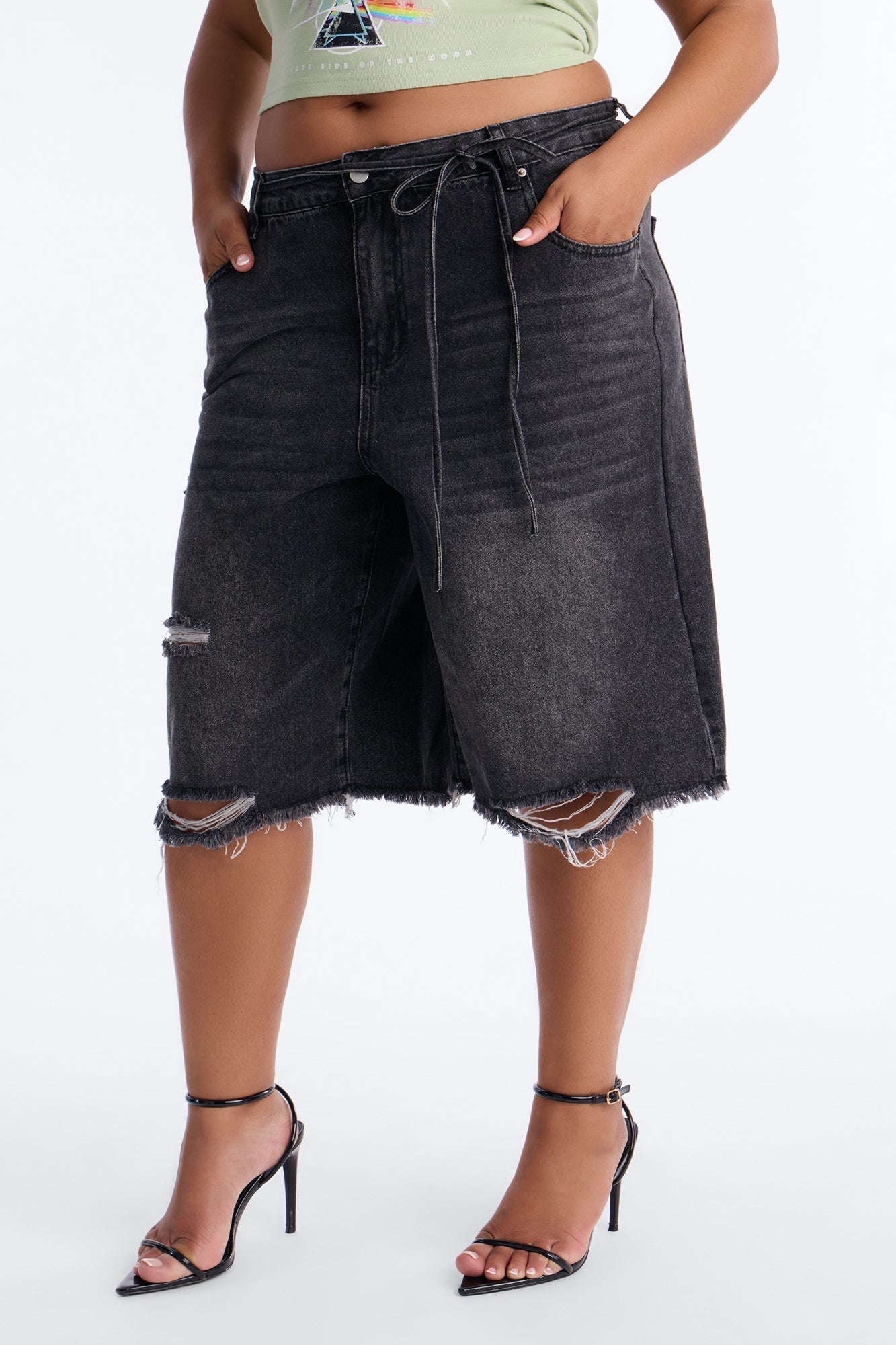 Ludlow Tie Waist Ripped Denim Jorts - Black Wash
