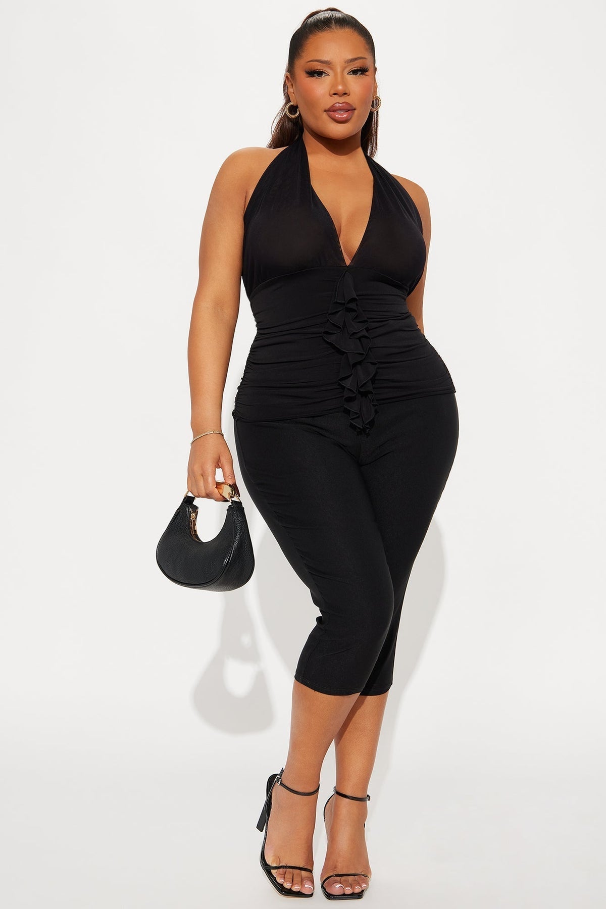 My Darling Ruched Ruffle Halter Top - Black