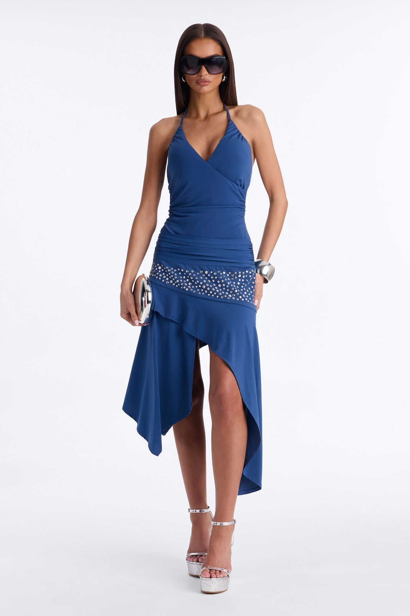 Hallie Studded Asymmetrical Midi Dress - Navy