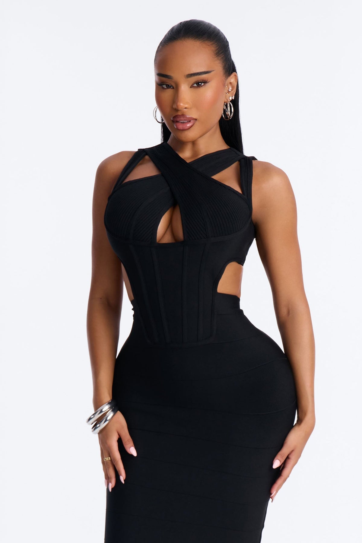 Center Of Attention Cut Out Bandage Midi Dress - Black