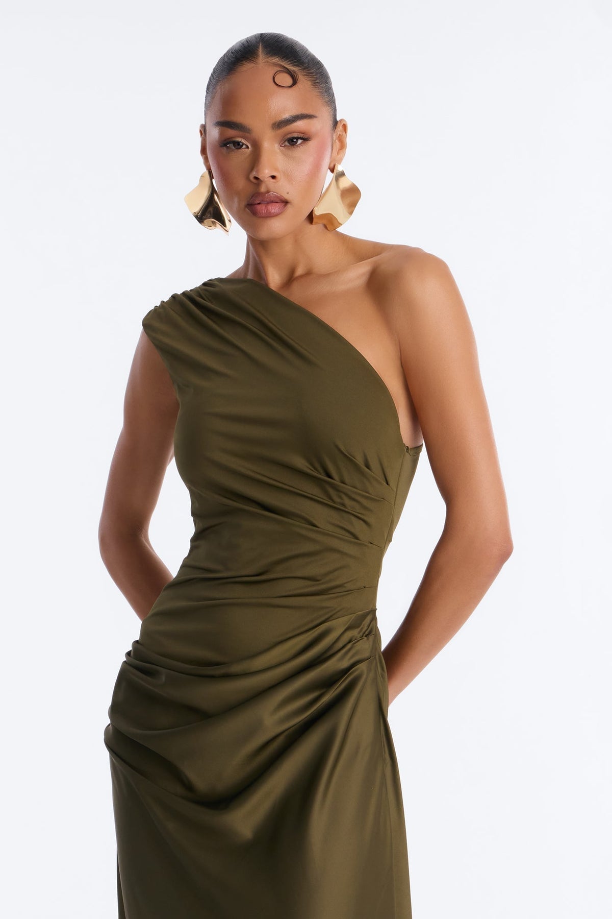 City Nights One Shoulder Satin Maxi Dress - Olive