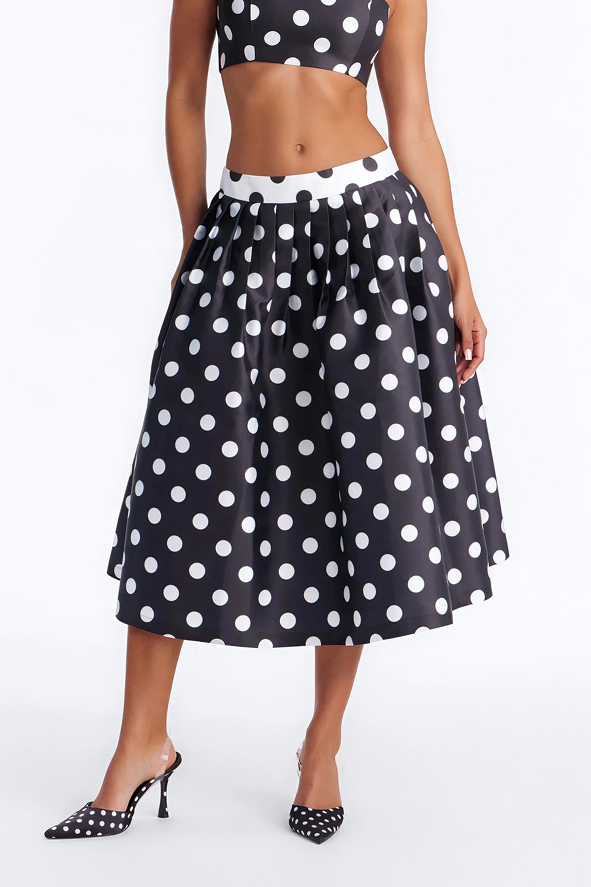 Marielle Pleated Polka Dot Midi Skirt - Black/White