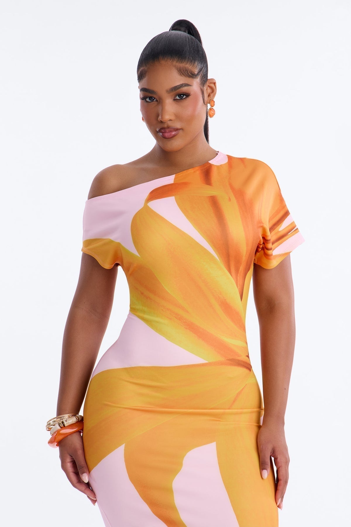 Gardenia One Shoulder Floral Midi Dress - Orange/combo