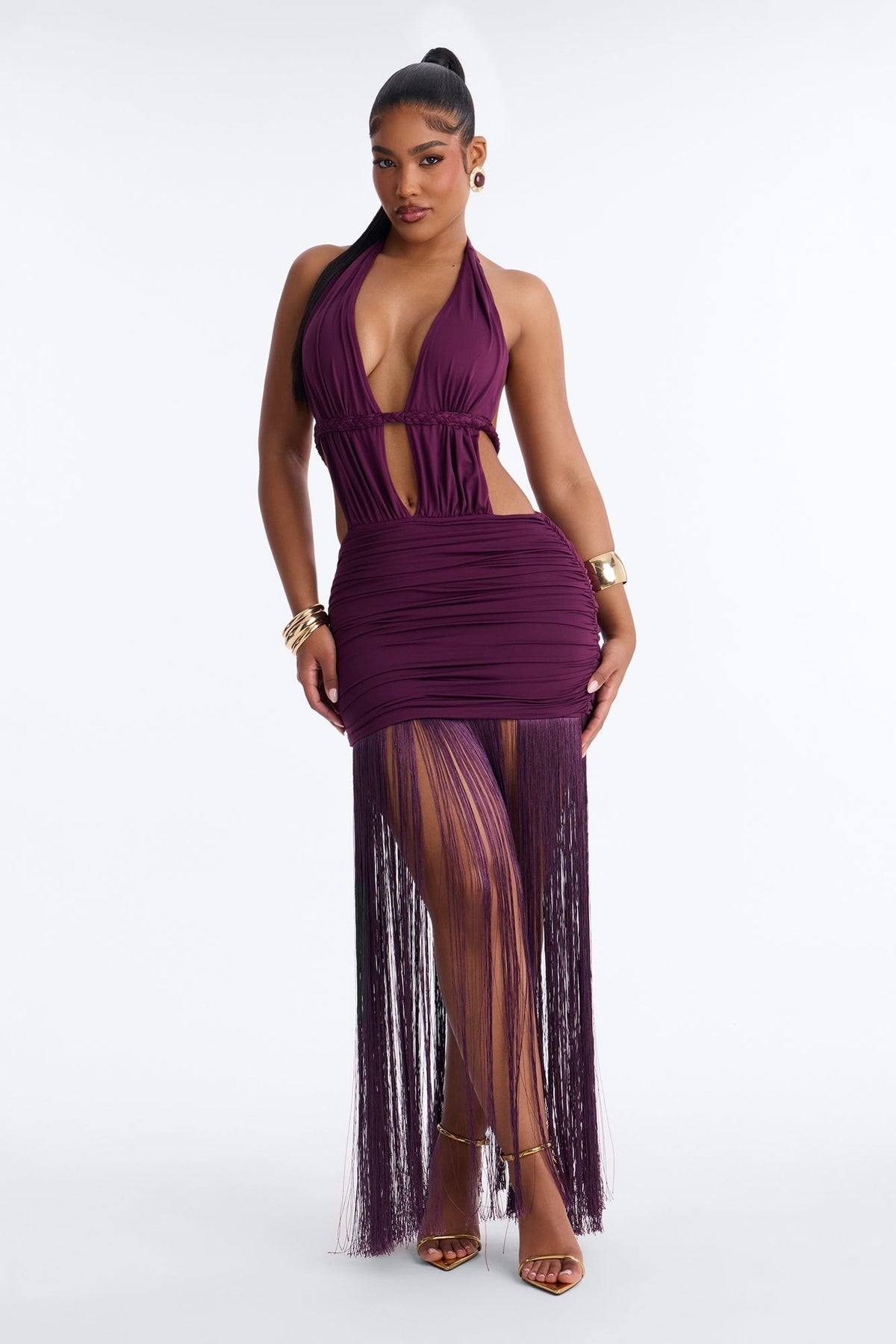 Yvette Backless Fringe Maxi Dress - Plum