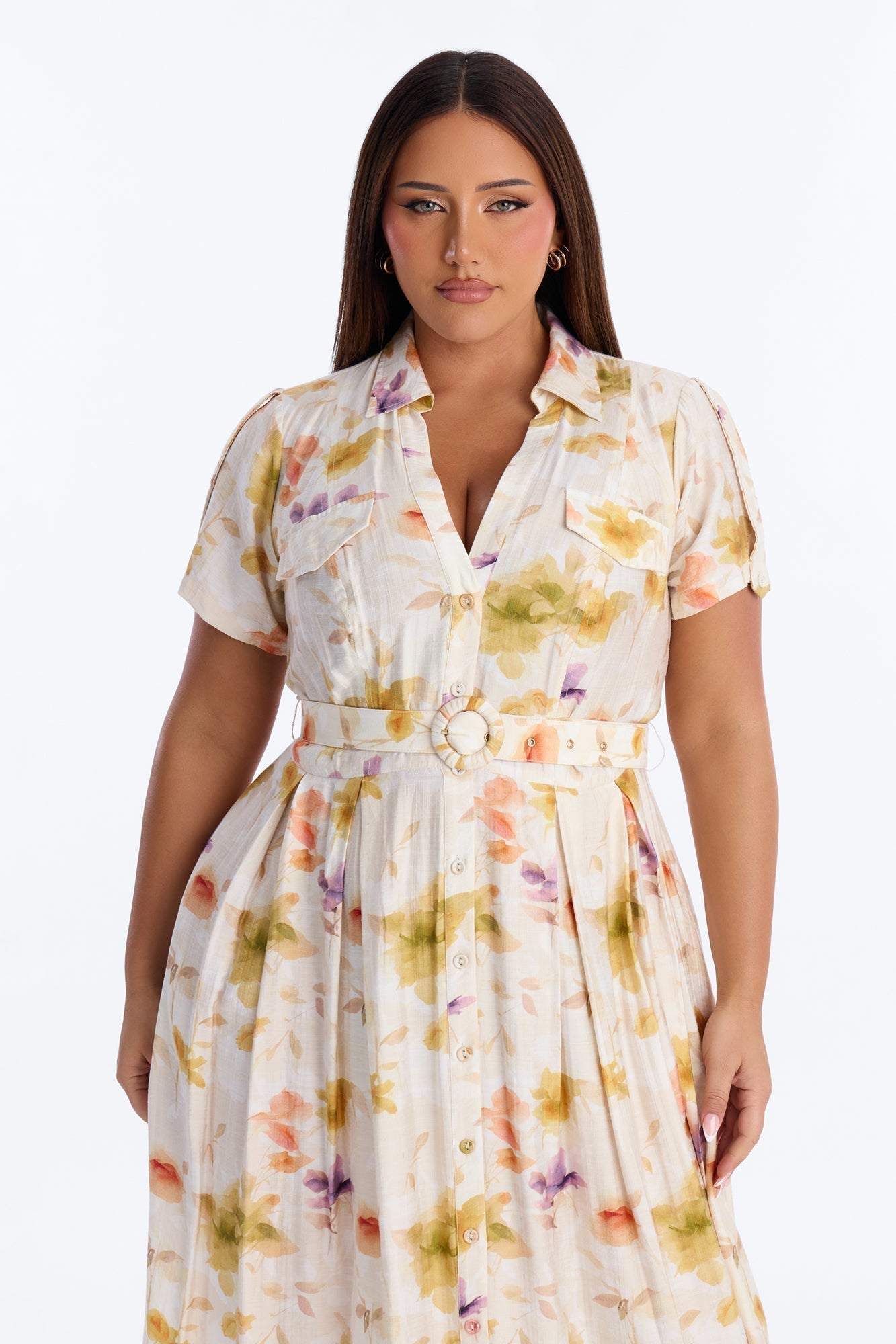 April Belted Floral Midi Dress - White/combo