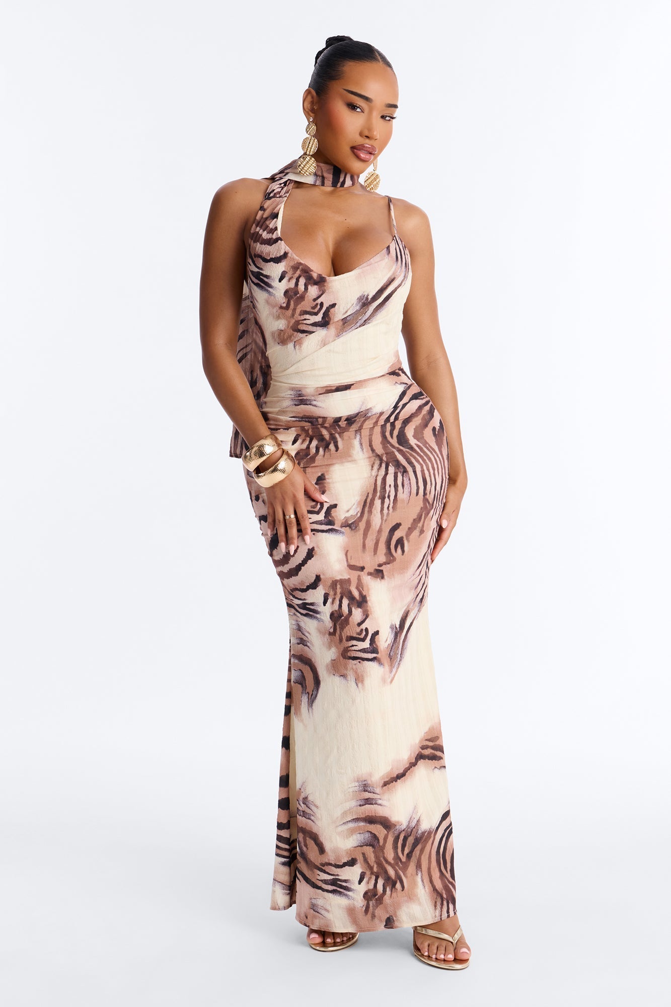 Salina Scarf Printed Maxi Dress - Cream/combo