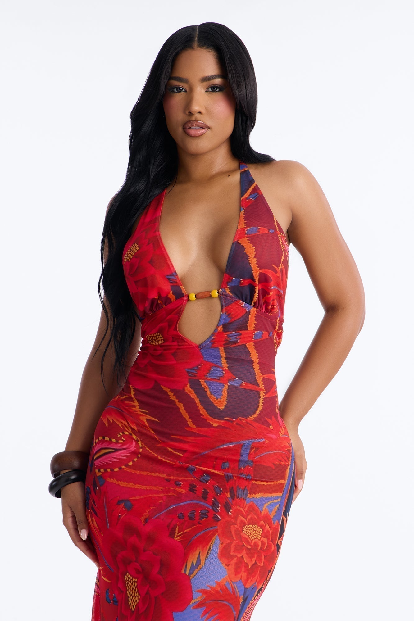 Island Diva Backless Mesh Maxi Dress - Red/combo