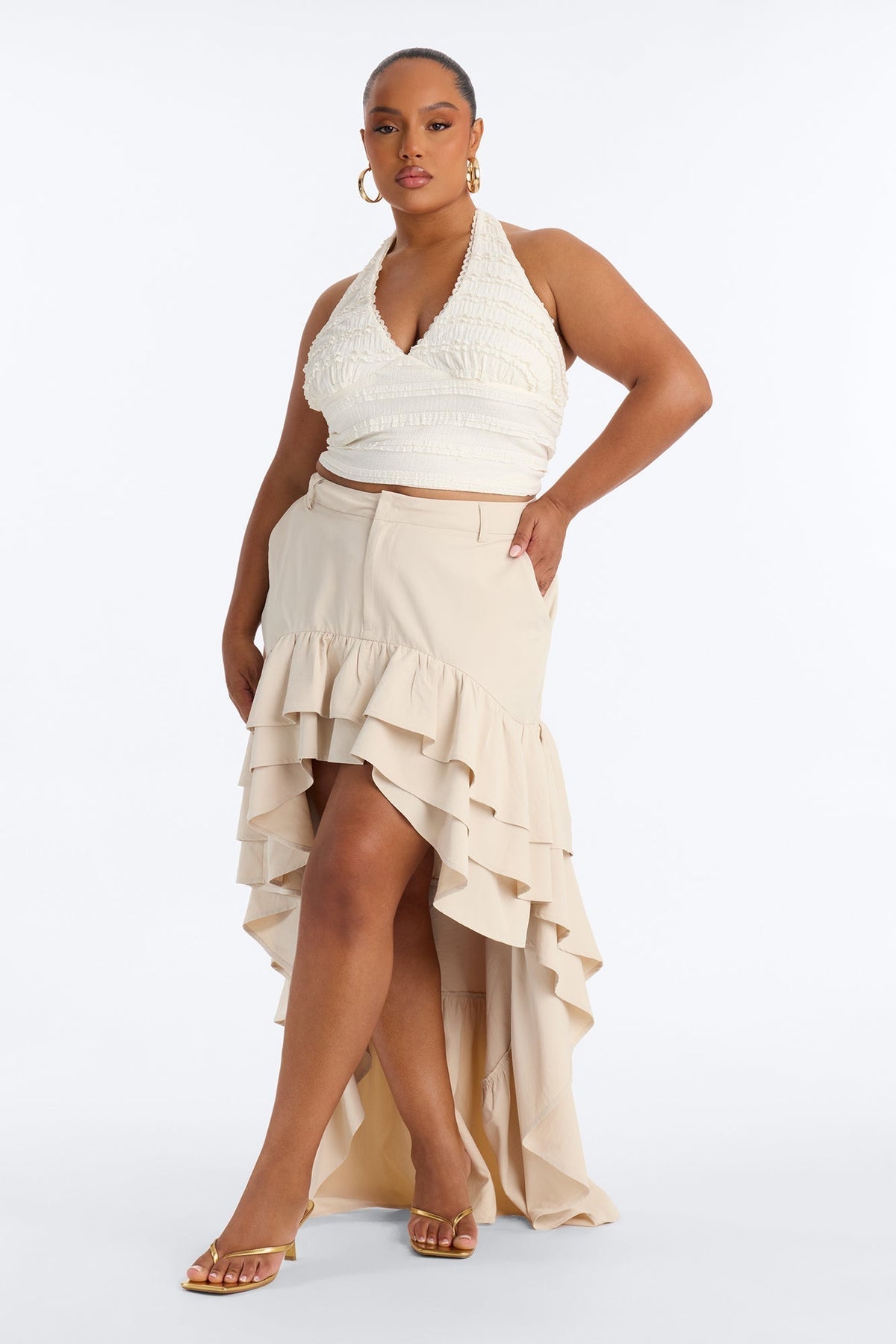 Alyssa Twill High Low Ruffle Maxi Skirt - Khaki