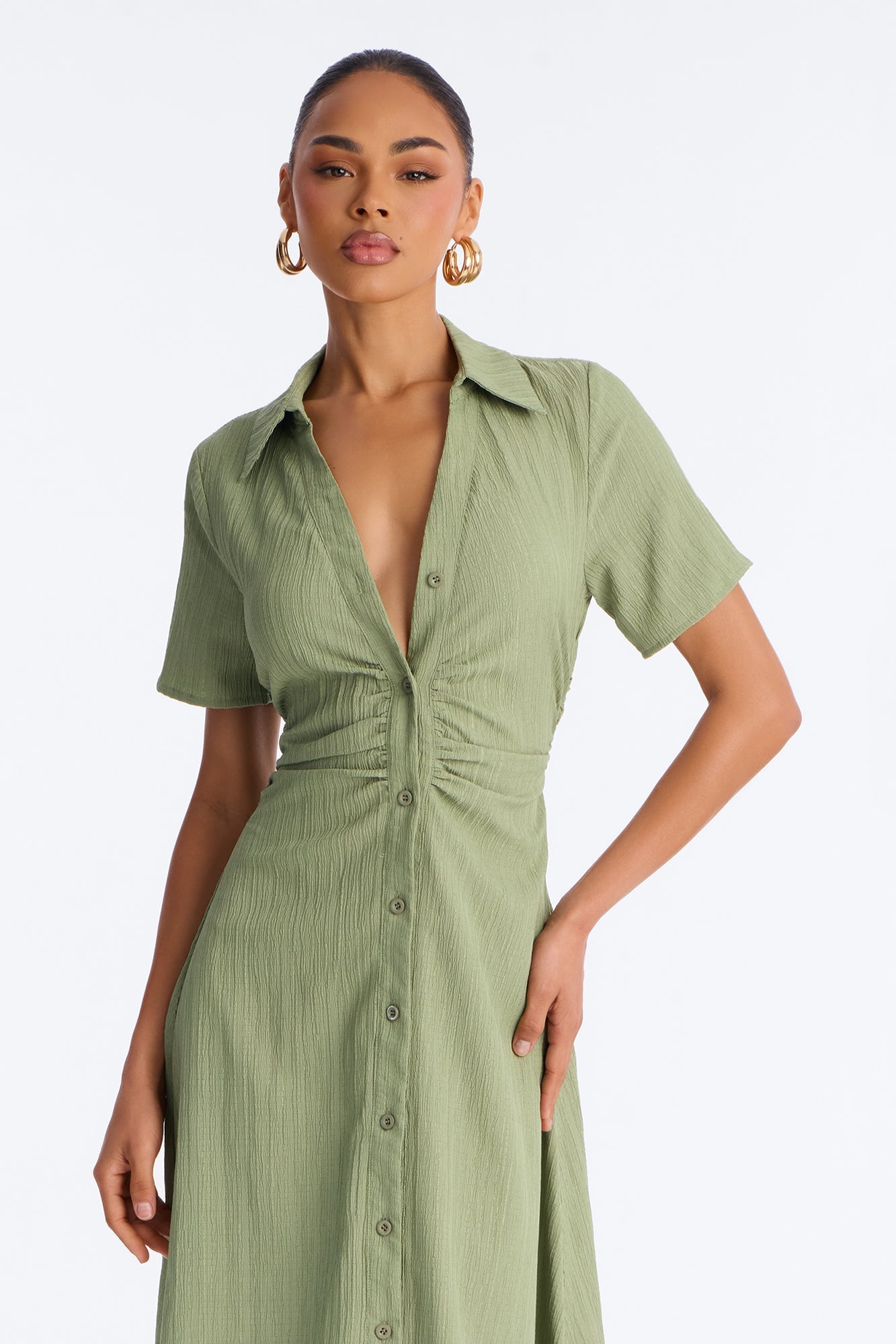 Carmen Ruched Shirt Midi Dress - Olive