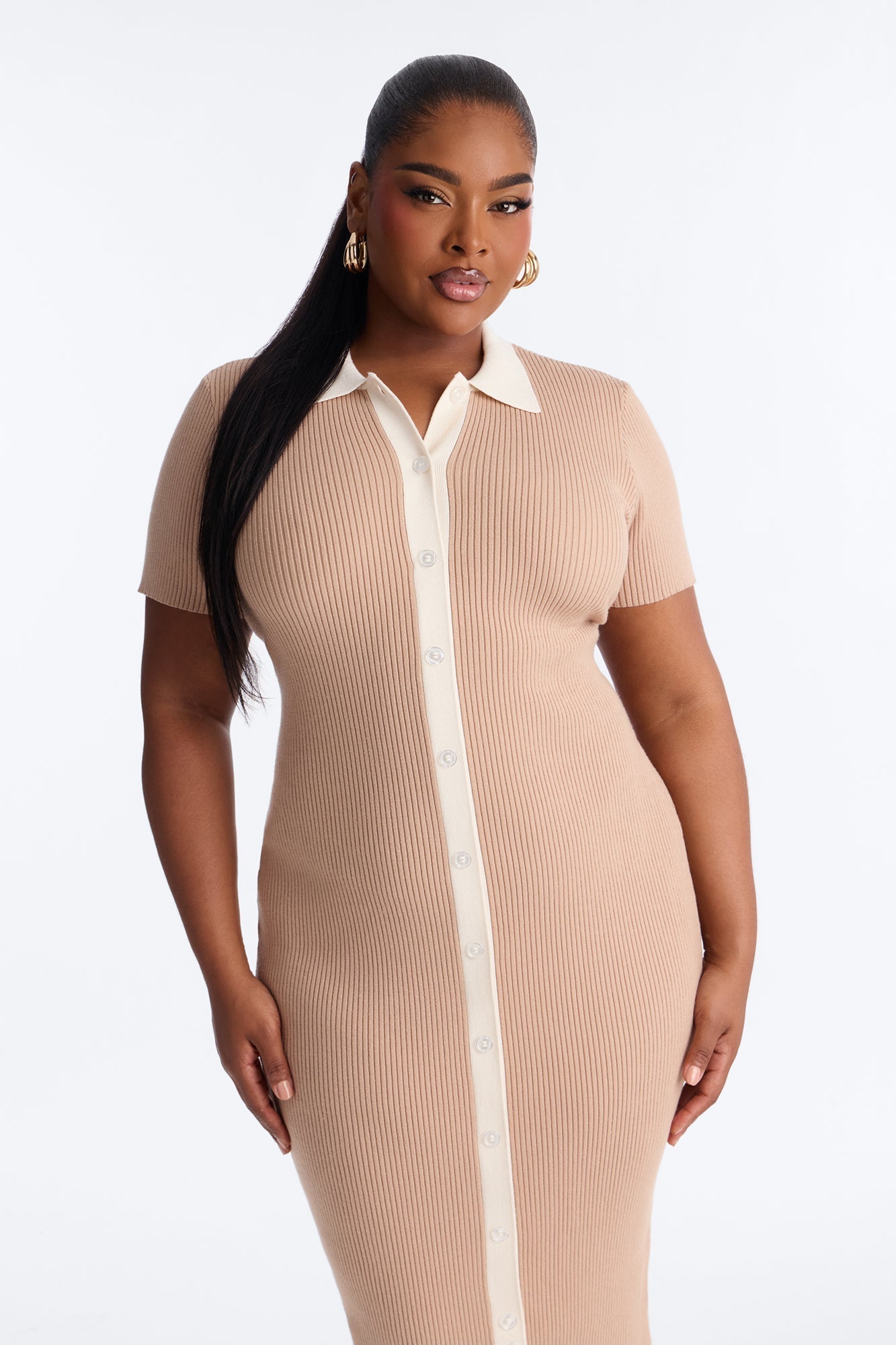 Ciao Bella Short Sleeve Sweater Midi Dress - Mocha/combo