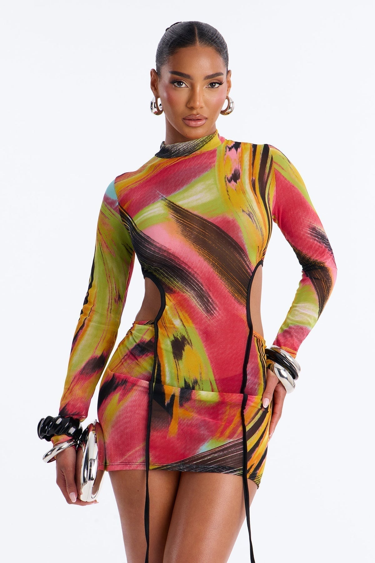 Baby You're Electric Long Sleeve Mesh Mini Dress - Multi Color