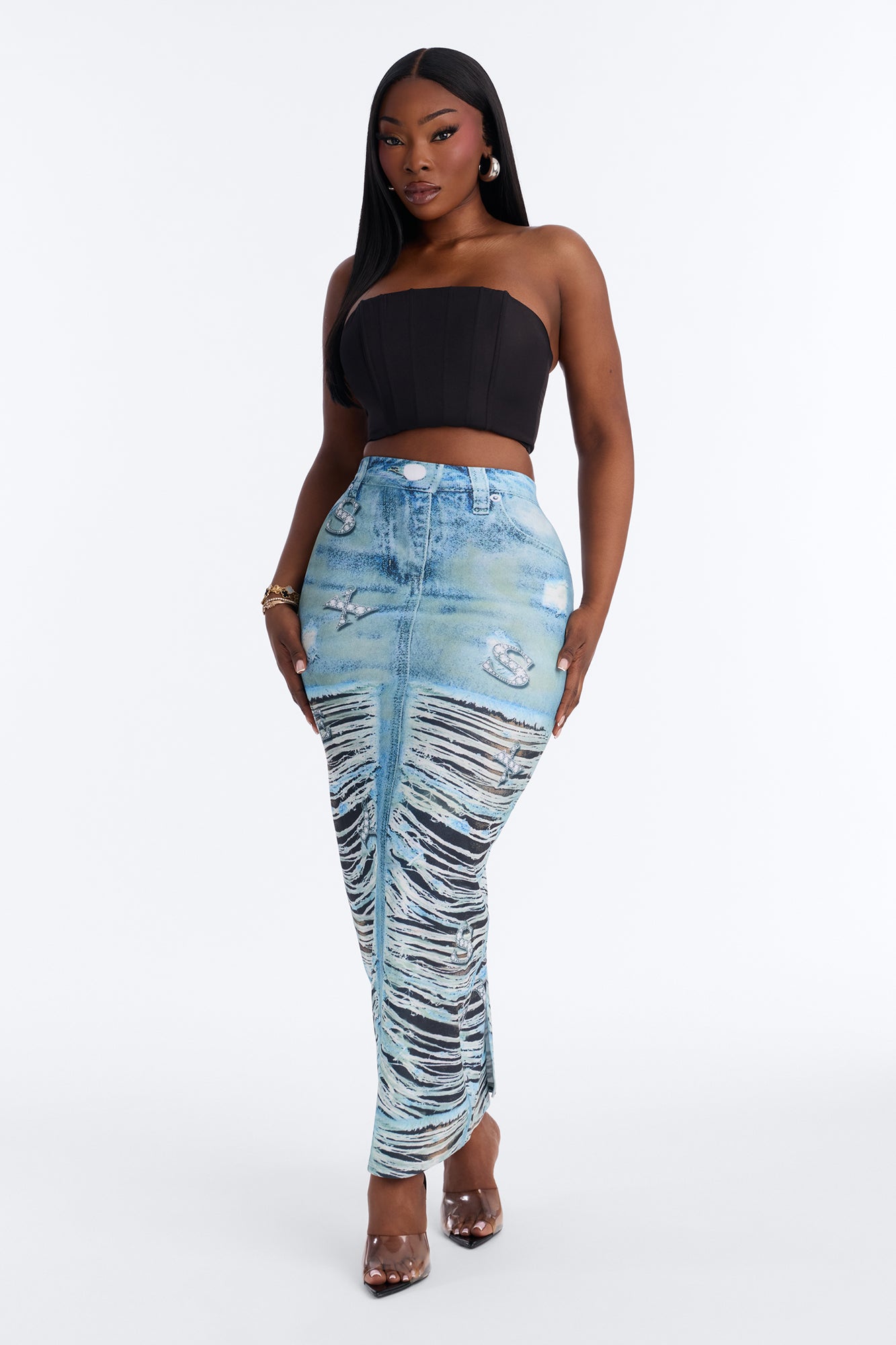Bling Behavior Printed Knit Ankle Maxi Skirt - Blue/combo