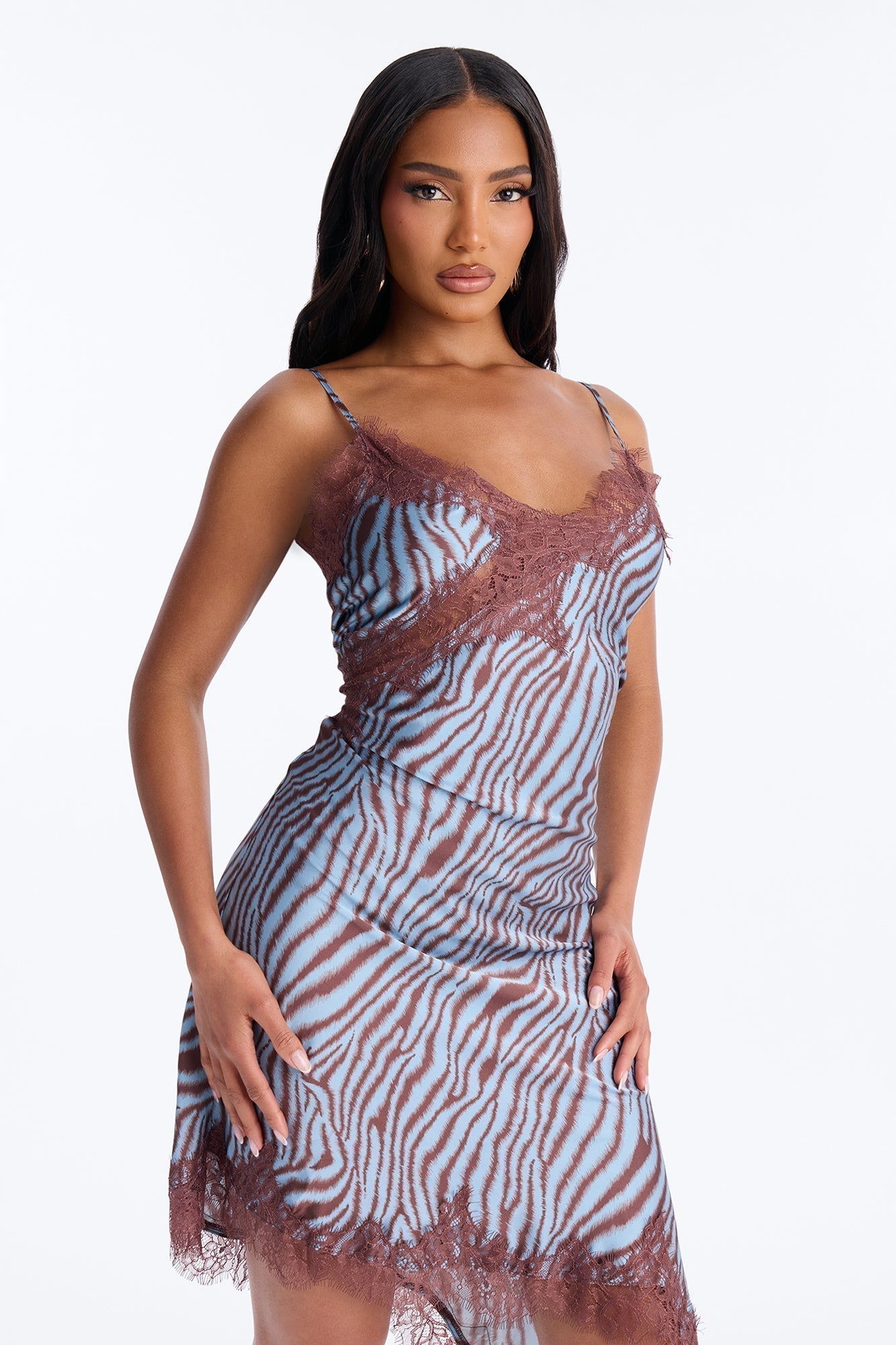 Instinct Only Zebra Satin Midi Dress - Brown/combo