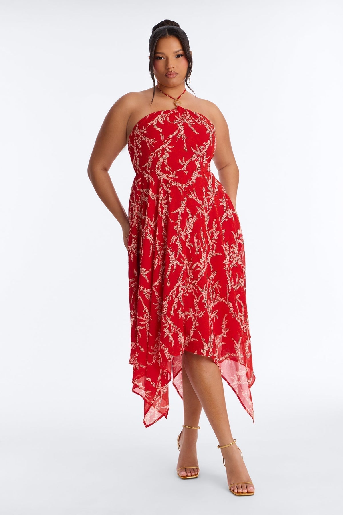 Nina Print Chiffon Midi Dress - Red/combo