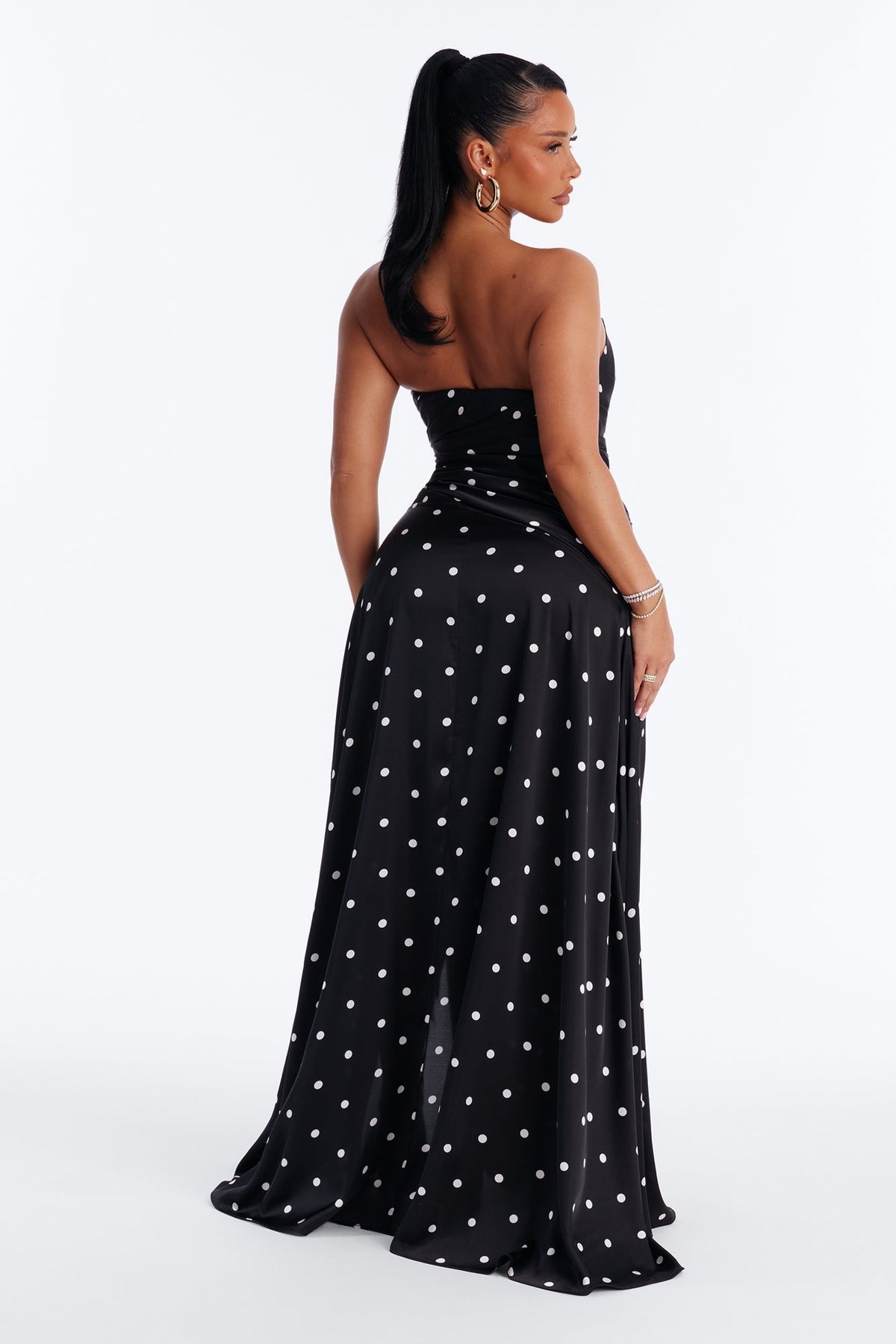 Cassie Satin Polka Dot Gown - Black/White