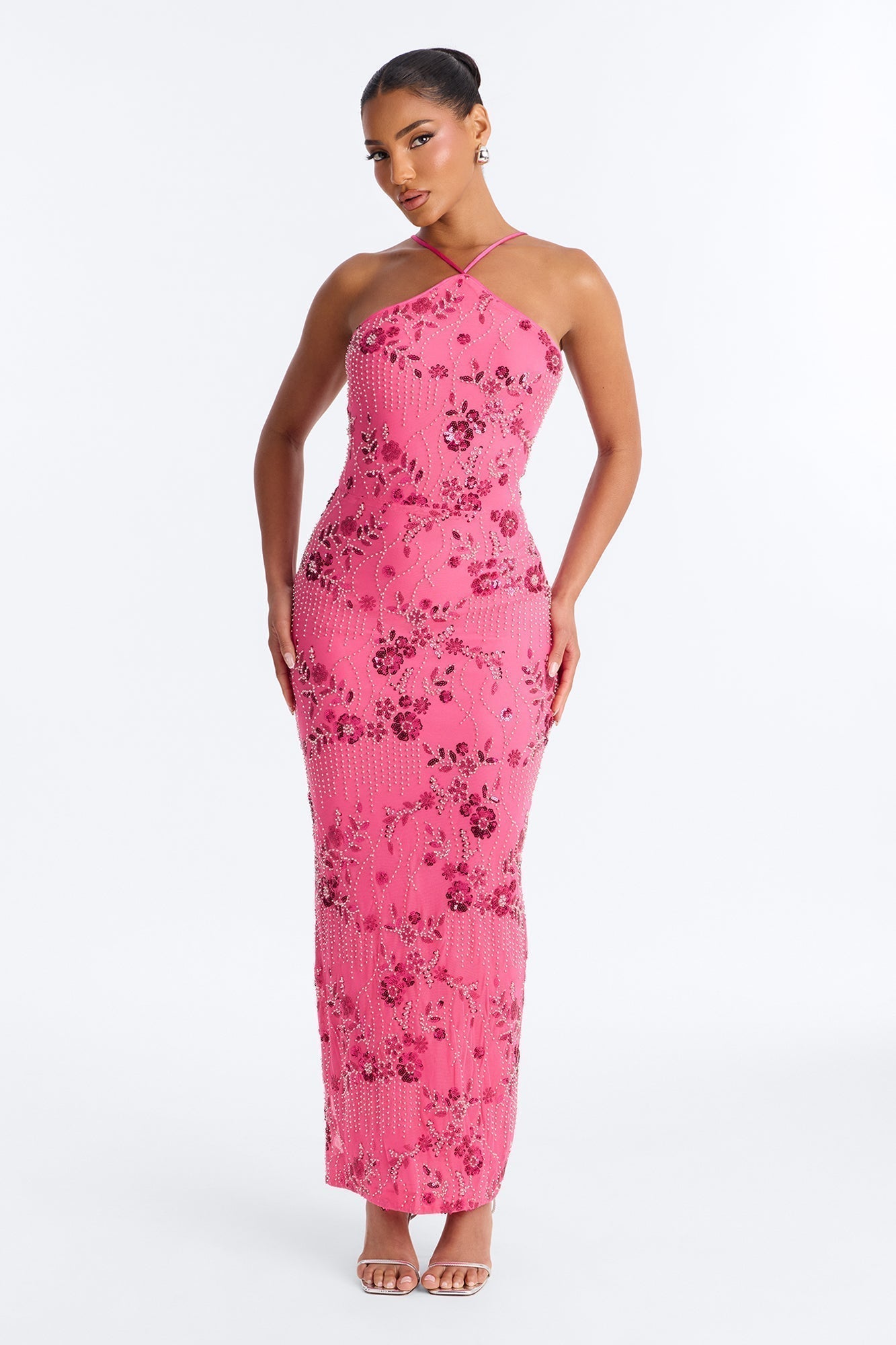 Josephine Embellished Mesh Maxi Dress - Hot Pink