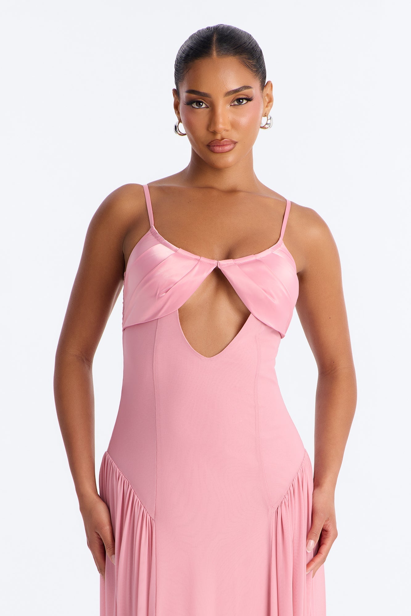 Audrina Pleated Mesh Maxi Dress - Pink