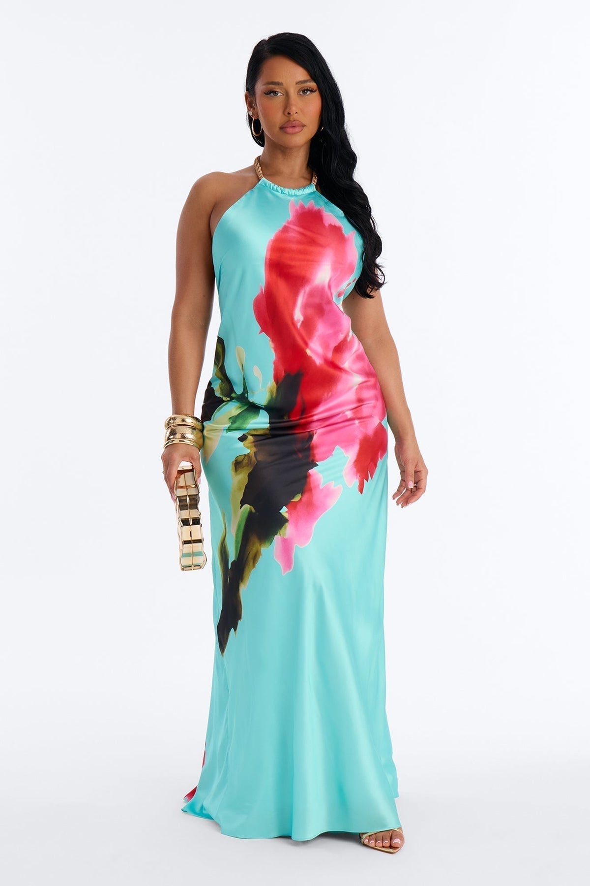 Cordelia Sleeveless Satin Maxi Dress - Turquoise/combo