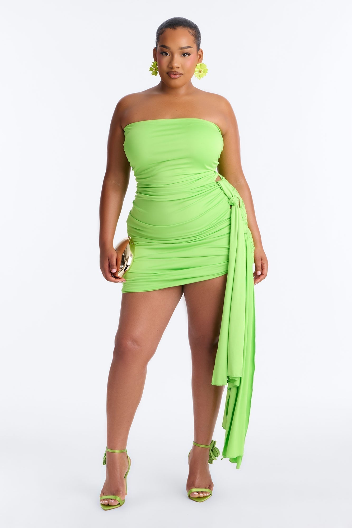 Jenna Ruched Draped Mini Dress - Lime
