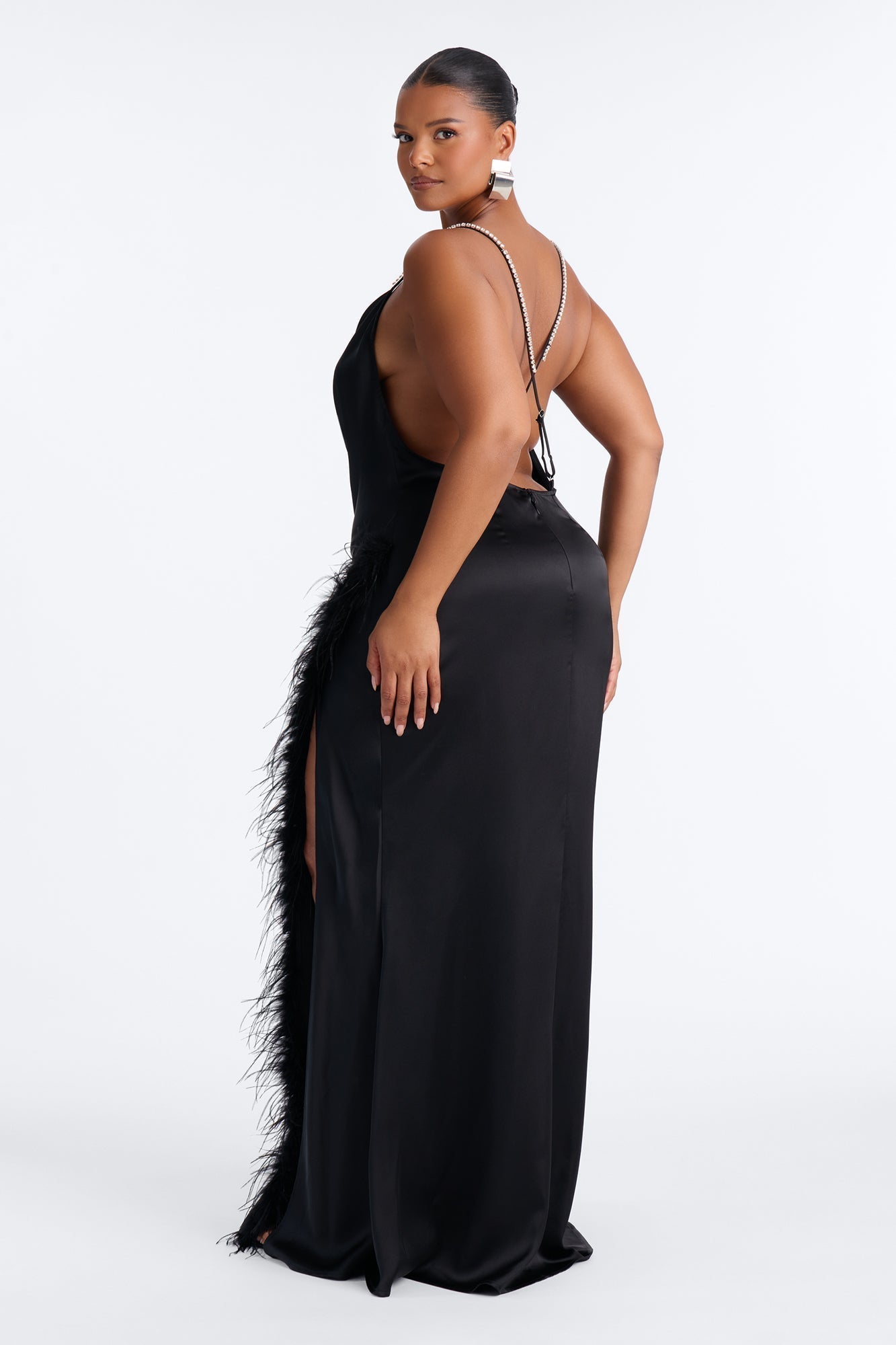 Isabella Feather Trim Satin Gown - Black