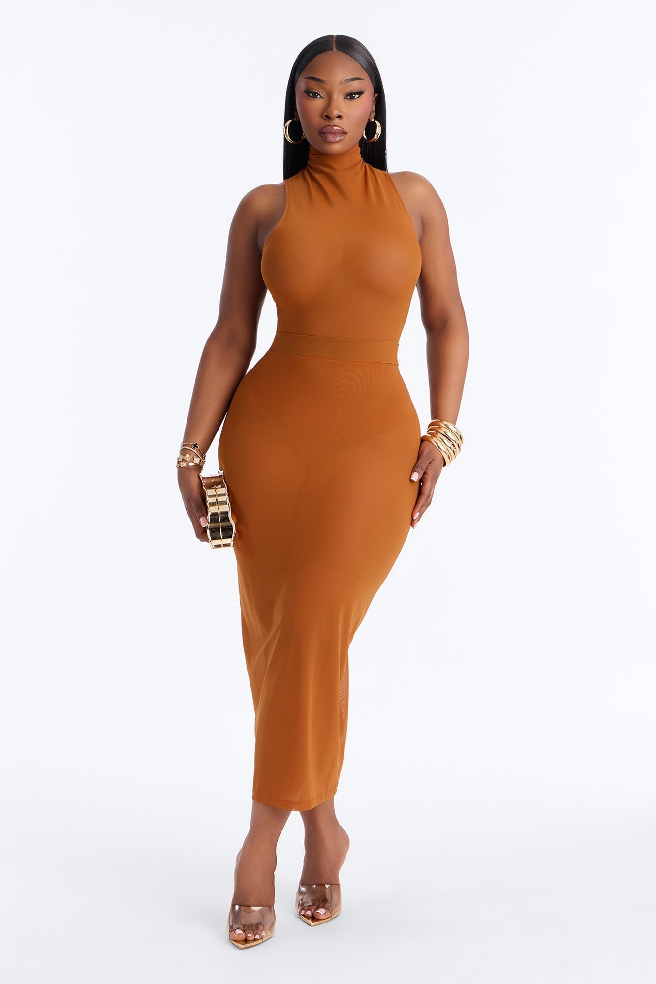 Power Mesh Midi Pencil Skirt - Copper