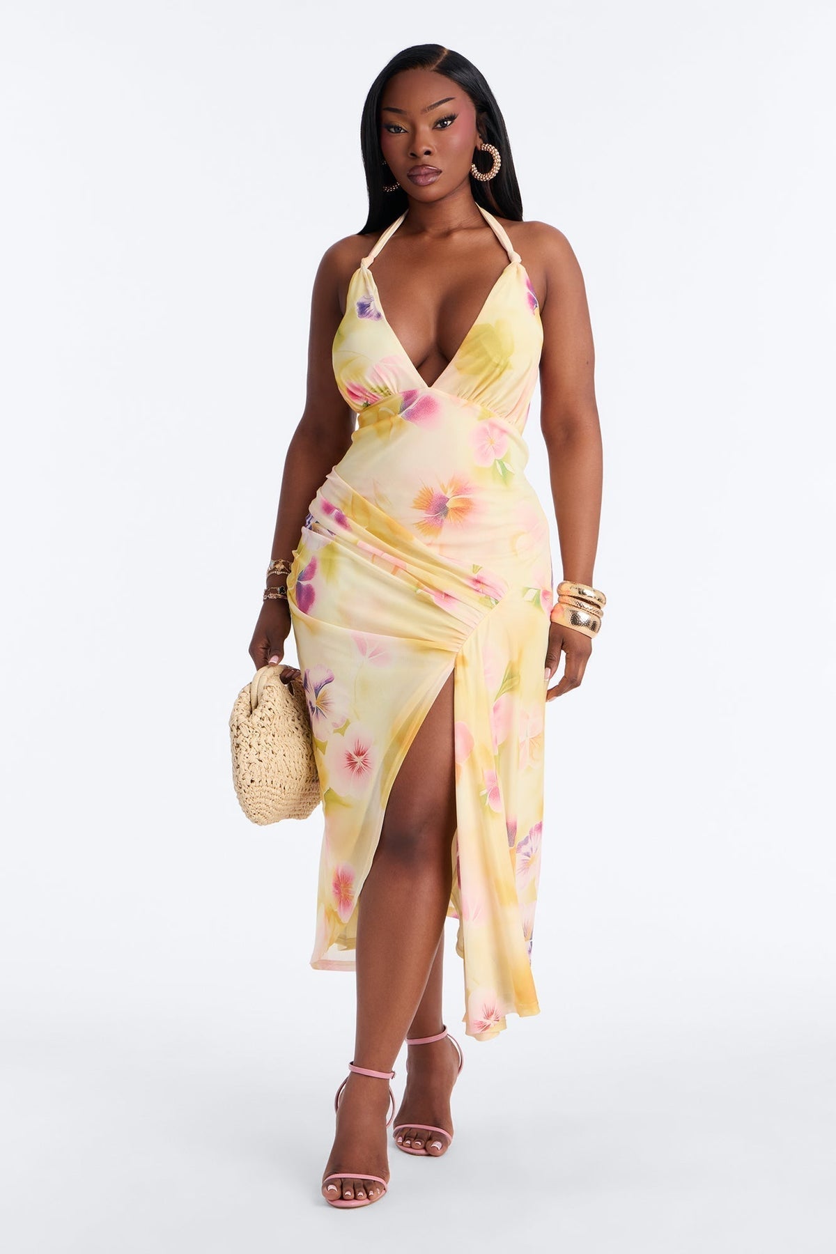 Kaitlin Floral Mesh Midi Dress - Yellow/combo