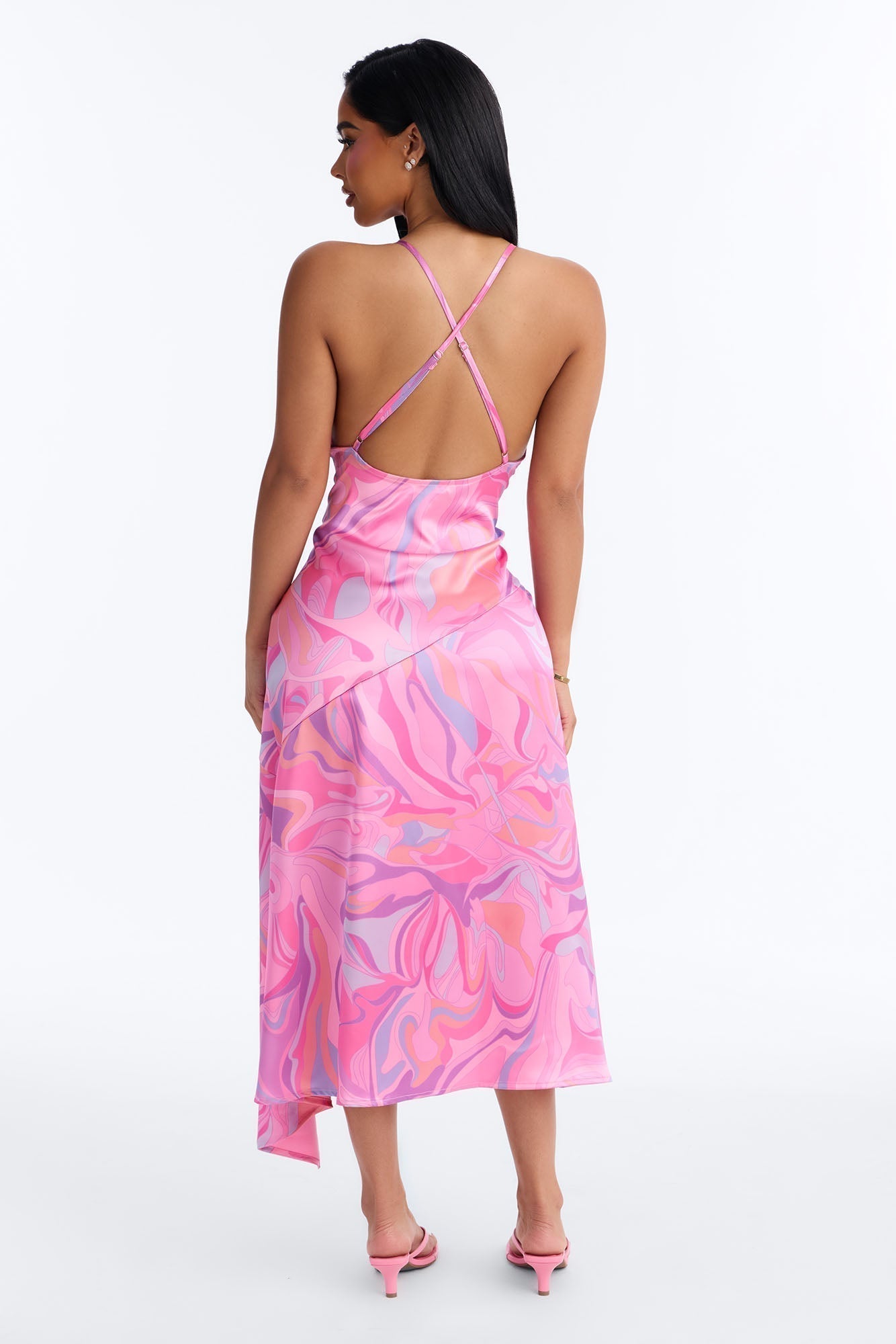 Brylee Asymmetrical Satin Midi Dress - Pink/combo