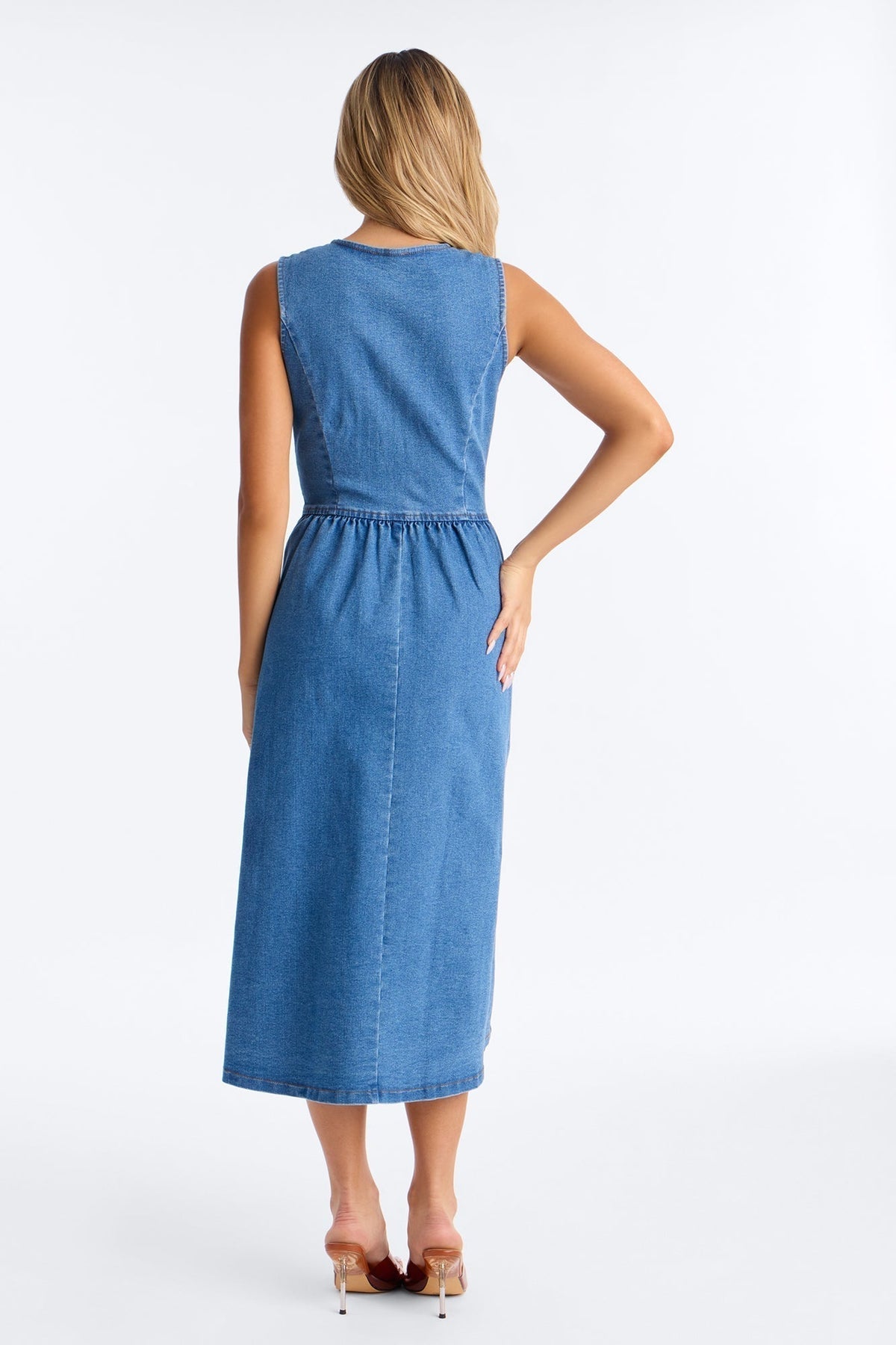 Rory Pleated Denim Midi Dress - Medium Wash