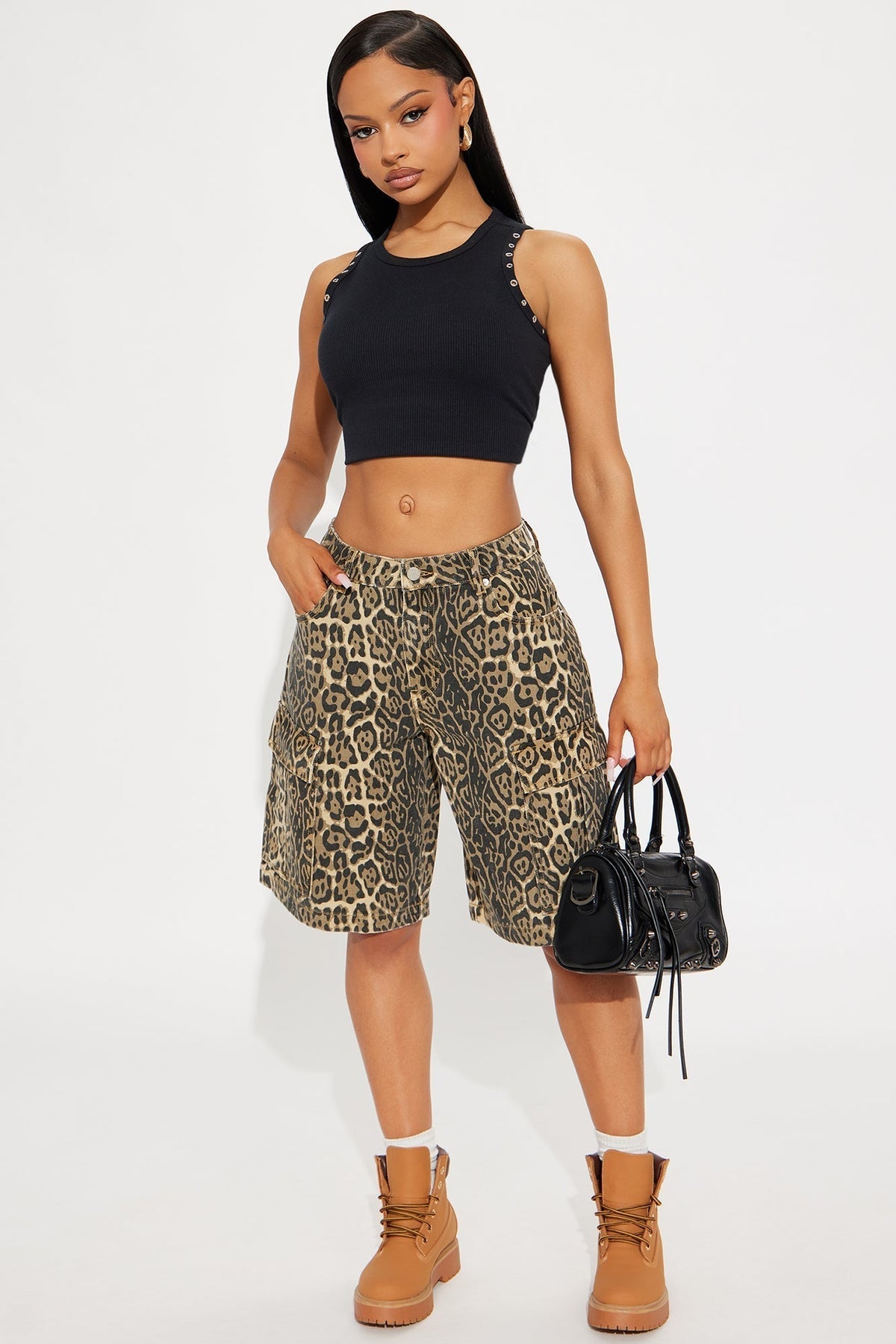 On The Hunt Leopard Cargo Denim Jorts - Brown/combo