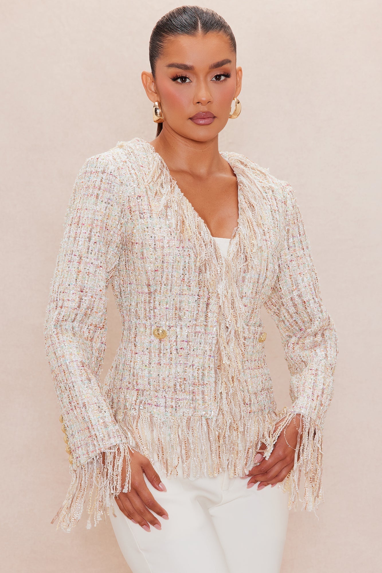 Fatima Fringe Tweed Blazer - Natural/Combo