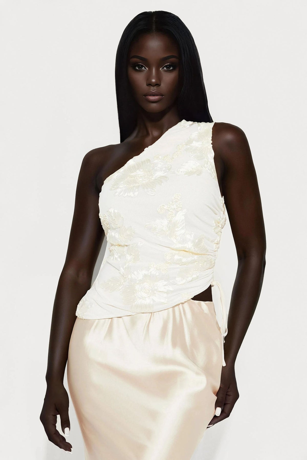 Floral Glow One Shoulder Asymmetrical Top - Ivory