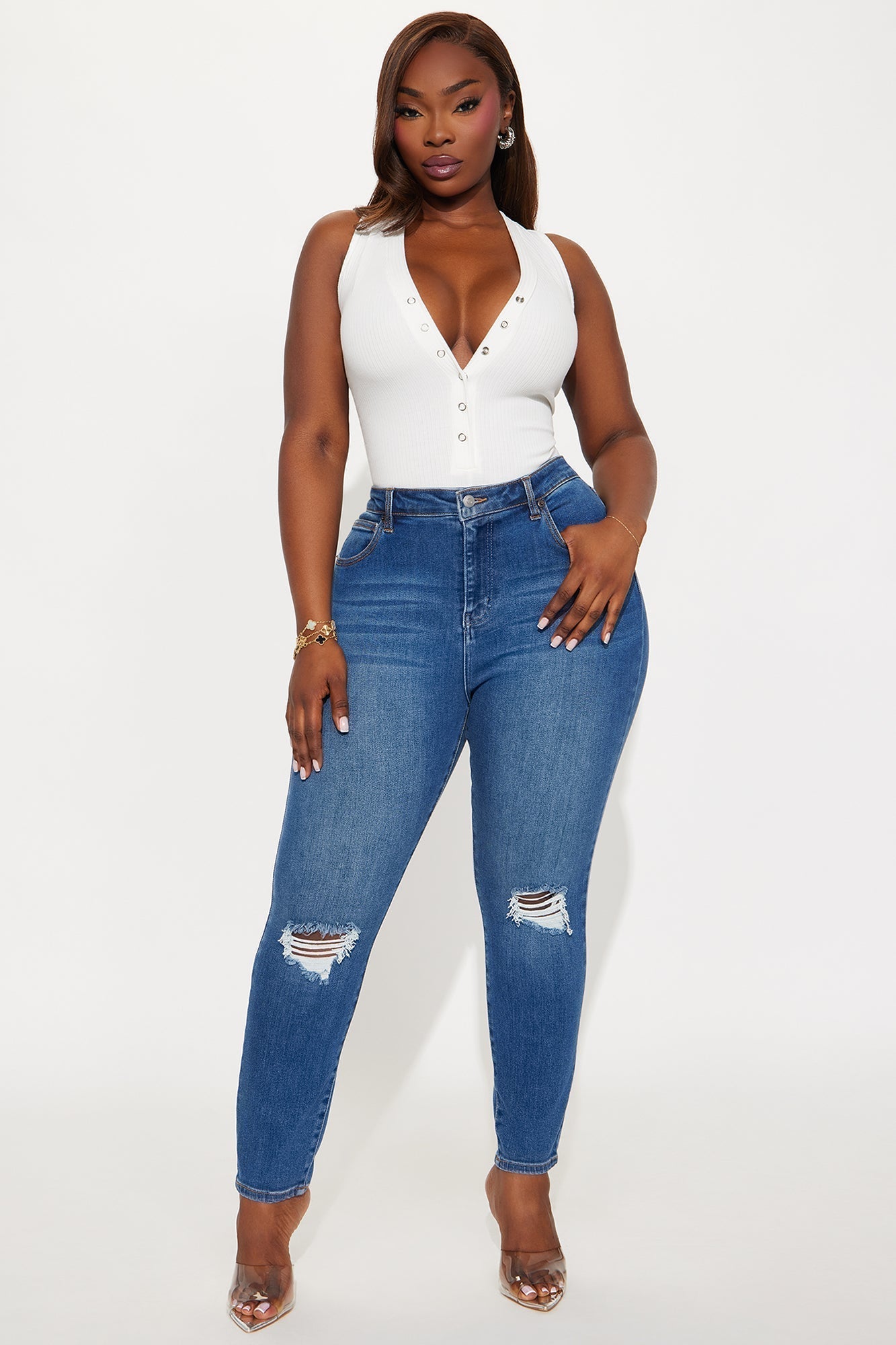 Set Free Deep V-Neck Bodysuit - White