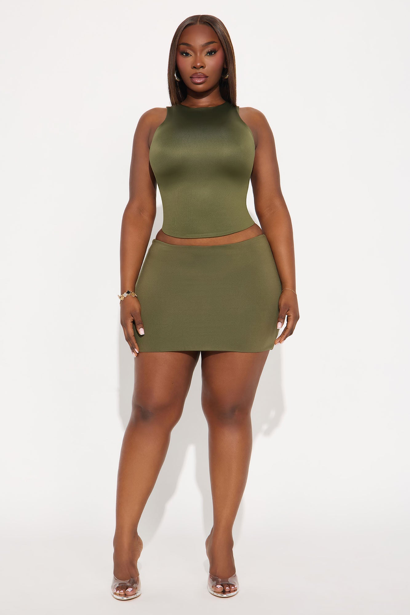 Contour Double Lined High Neck Tank Top - Military Green